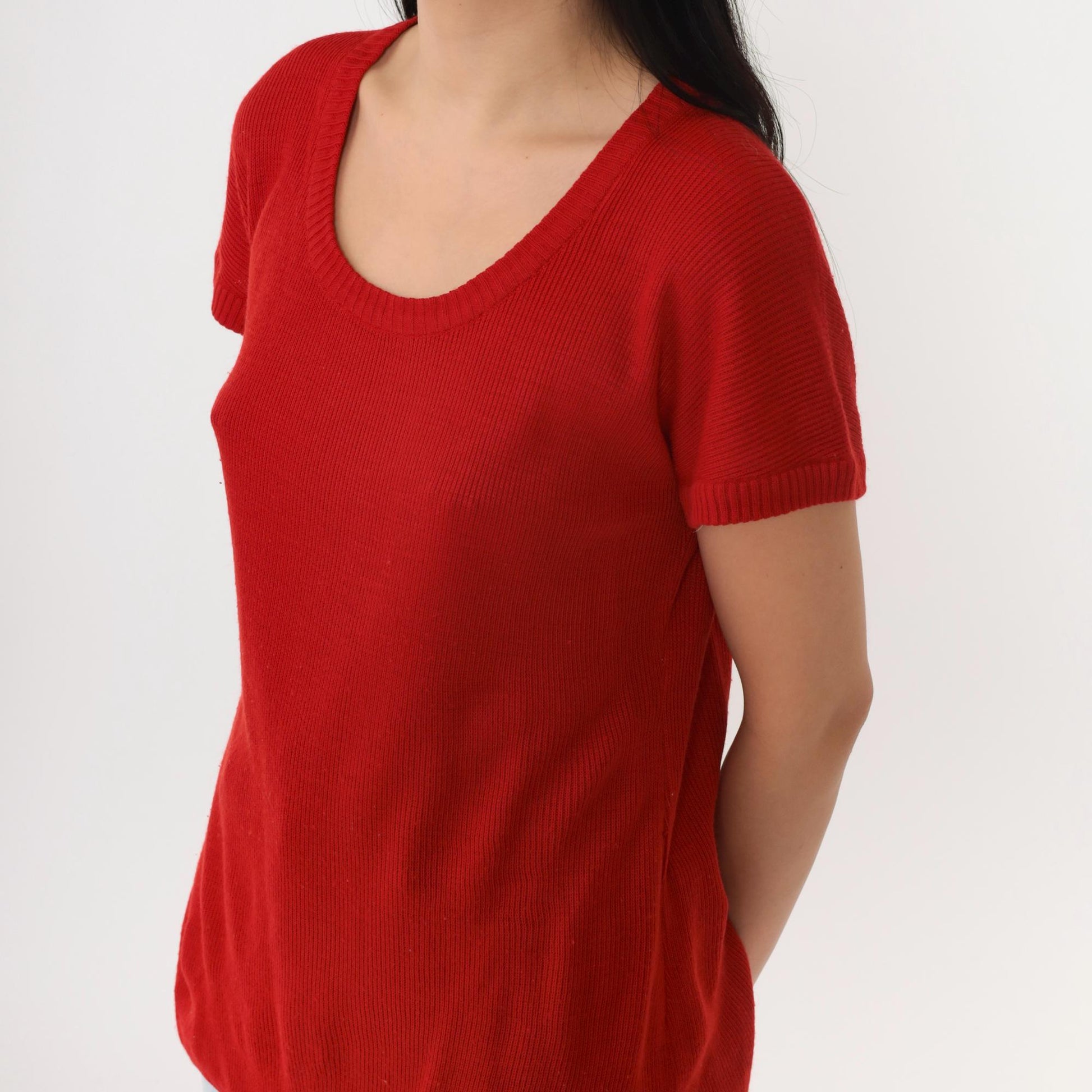 80s Red Ribbed Knit Scoop Neck Longline Top Short Sleeve Small