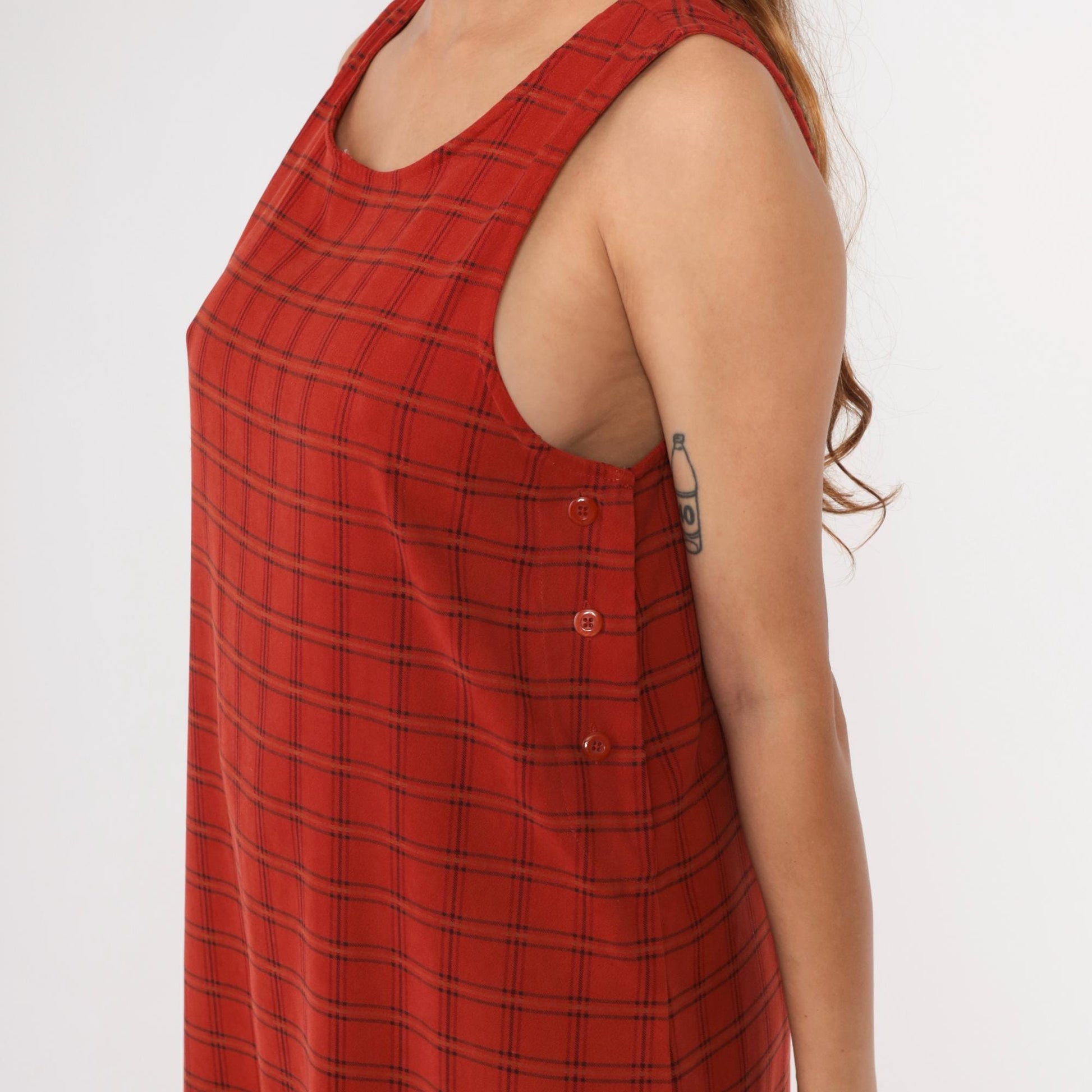 90s Red Checkered Maxi Pinafore Dress Scoop Neck Side Buttons Medium