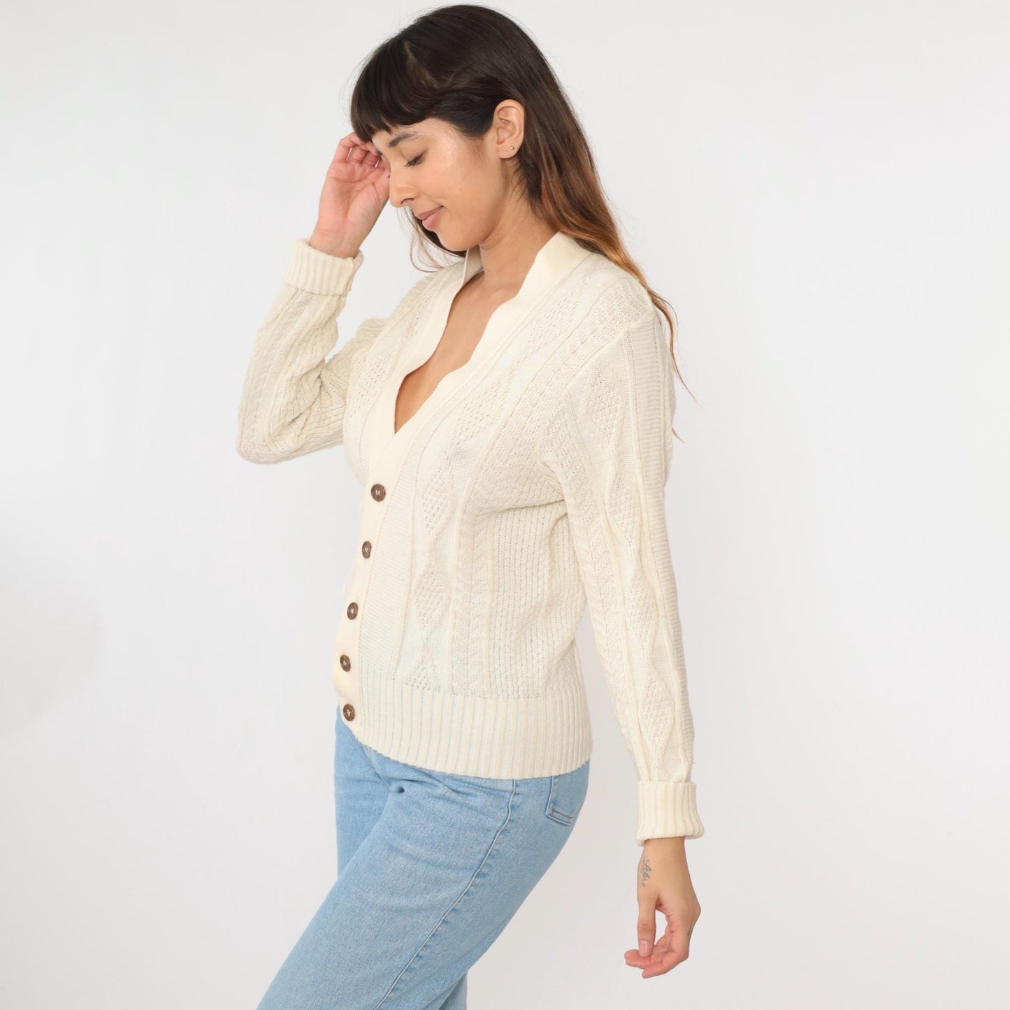 70s Fishers Castleton Cream Cardigan Diamond Knit V-Neck Button-Up Small