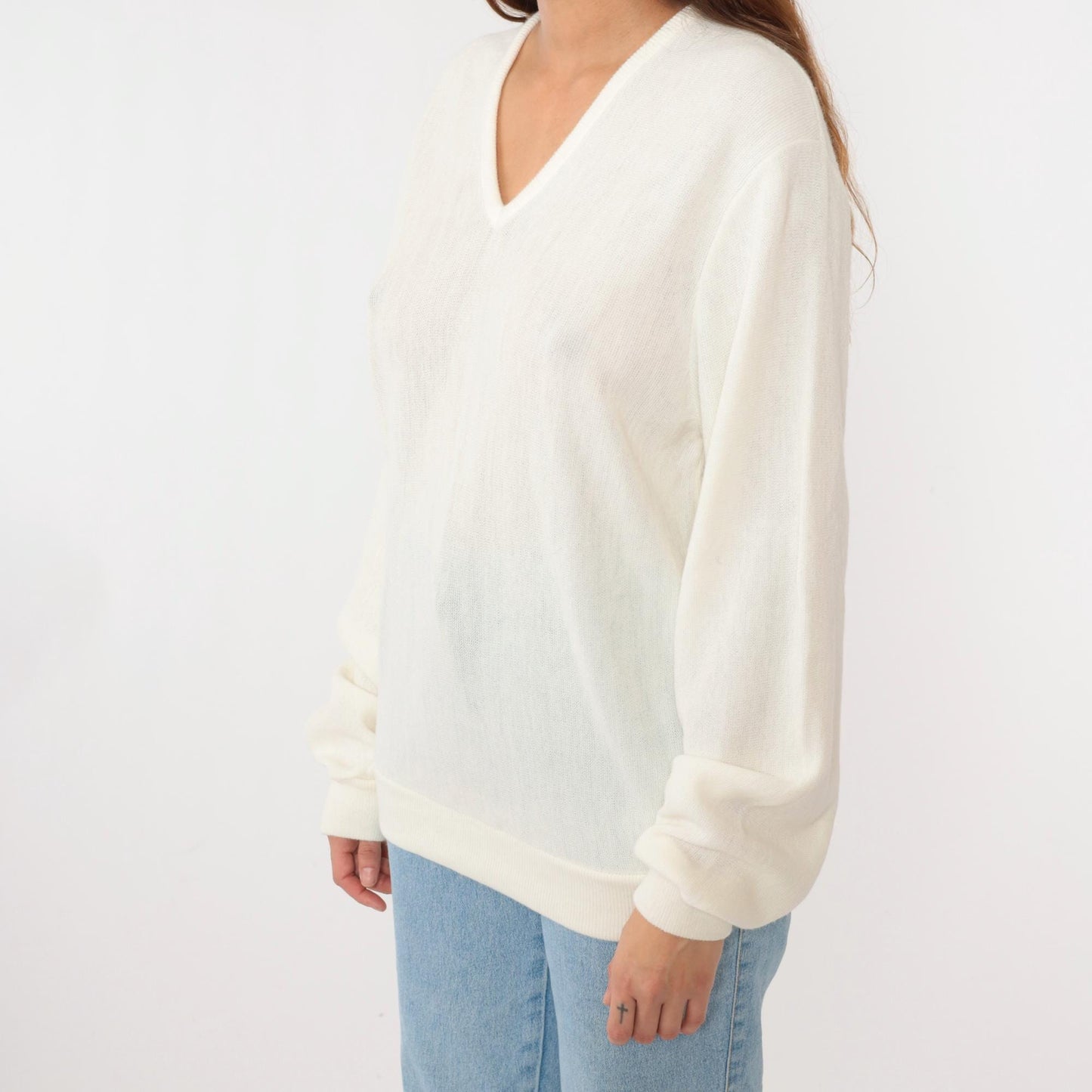 80s Sportswear by Bryant White V-Neck Knit Sweater Pullover Large L
