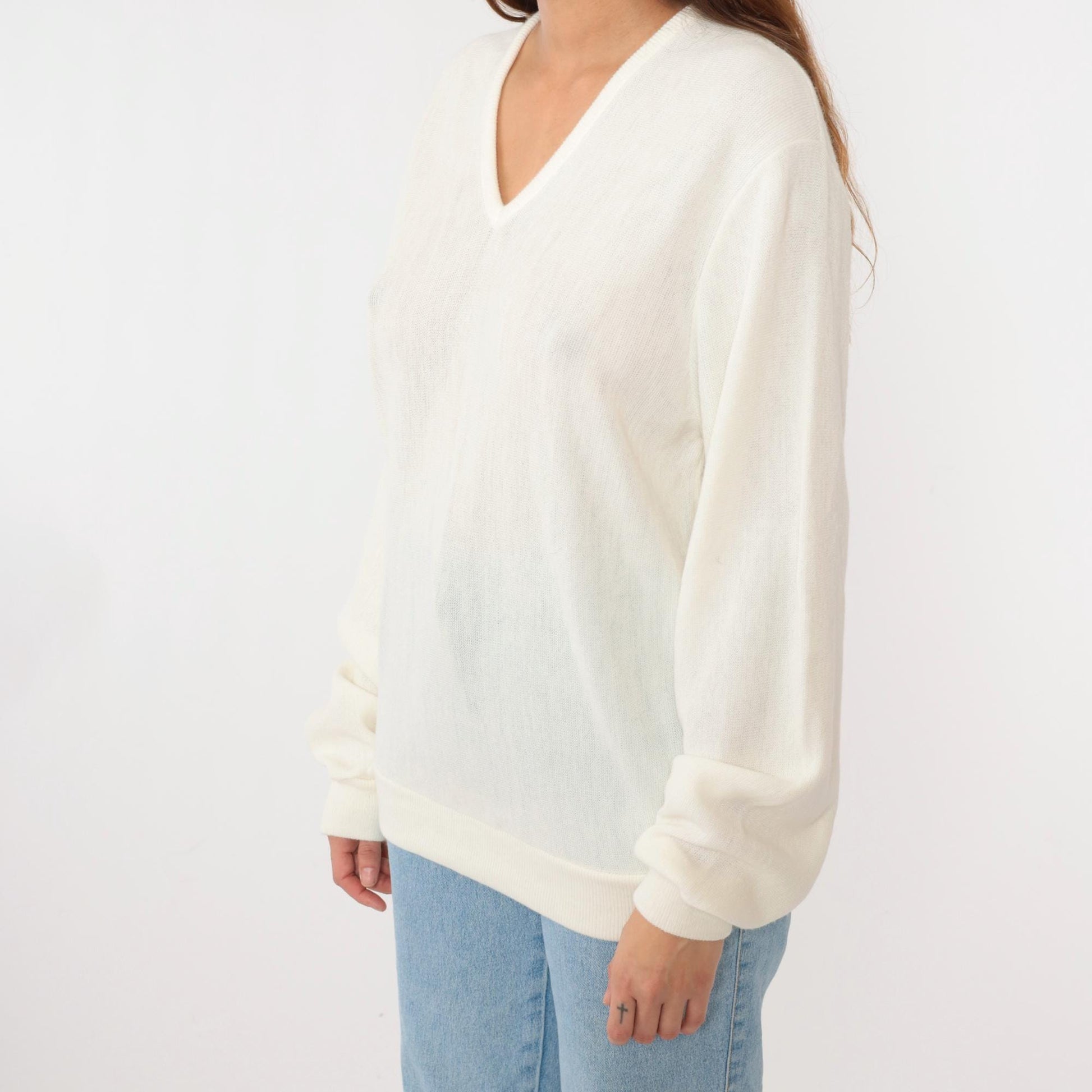 80s Sportswear by Bryant White V-Neck Knit Sweater Pullover Large L