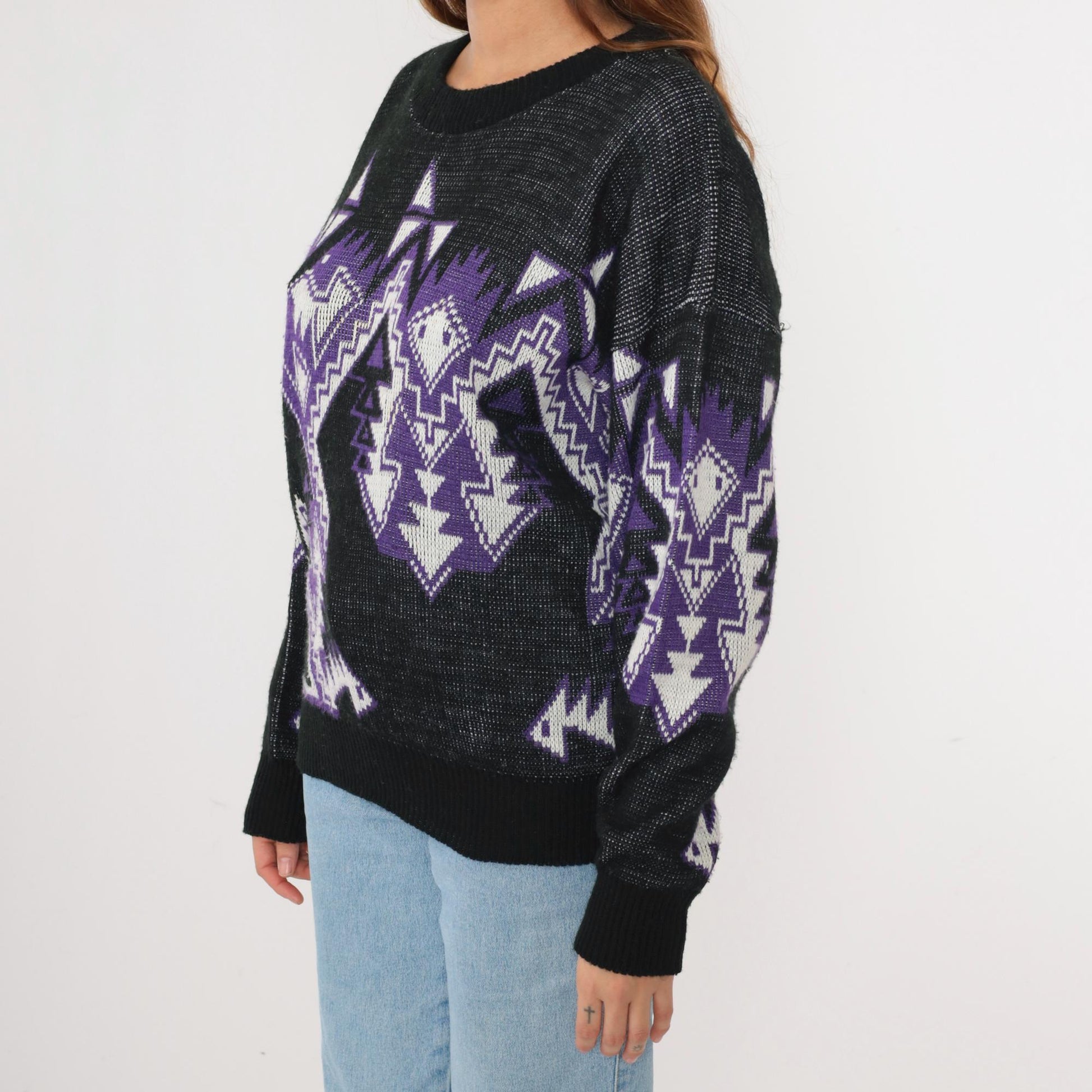 80s Geometric Snake Pattern Sweater Purple Black Acrylic Crewneck Large