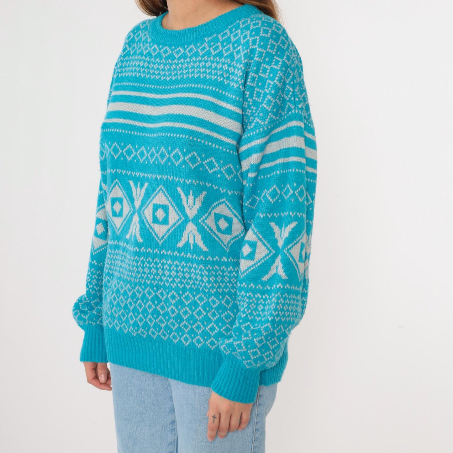 80s Geometric Knit Sweater Bright Blue Diamond Abstract Crewneck Medium M