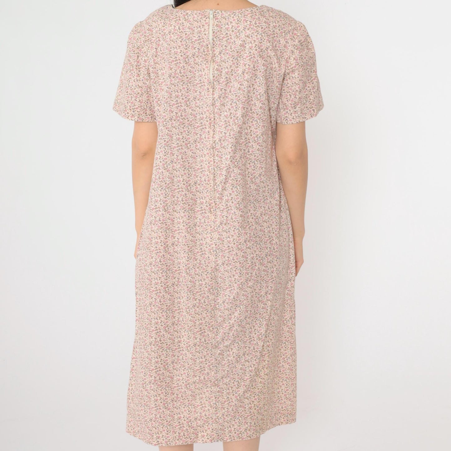 90s Floral Midi Shift Dress Off-White Pink Short Sleeve Pockets Medium