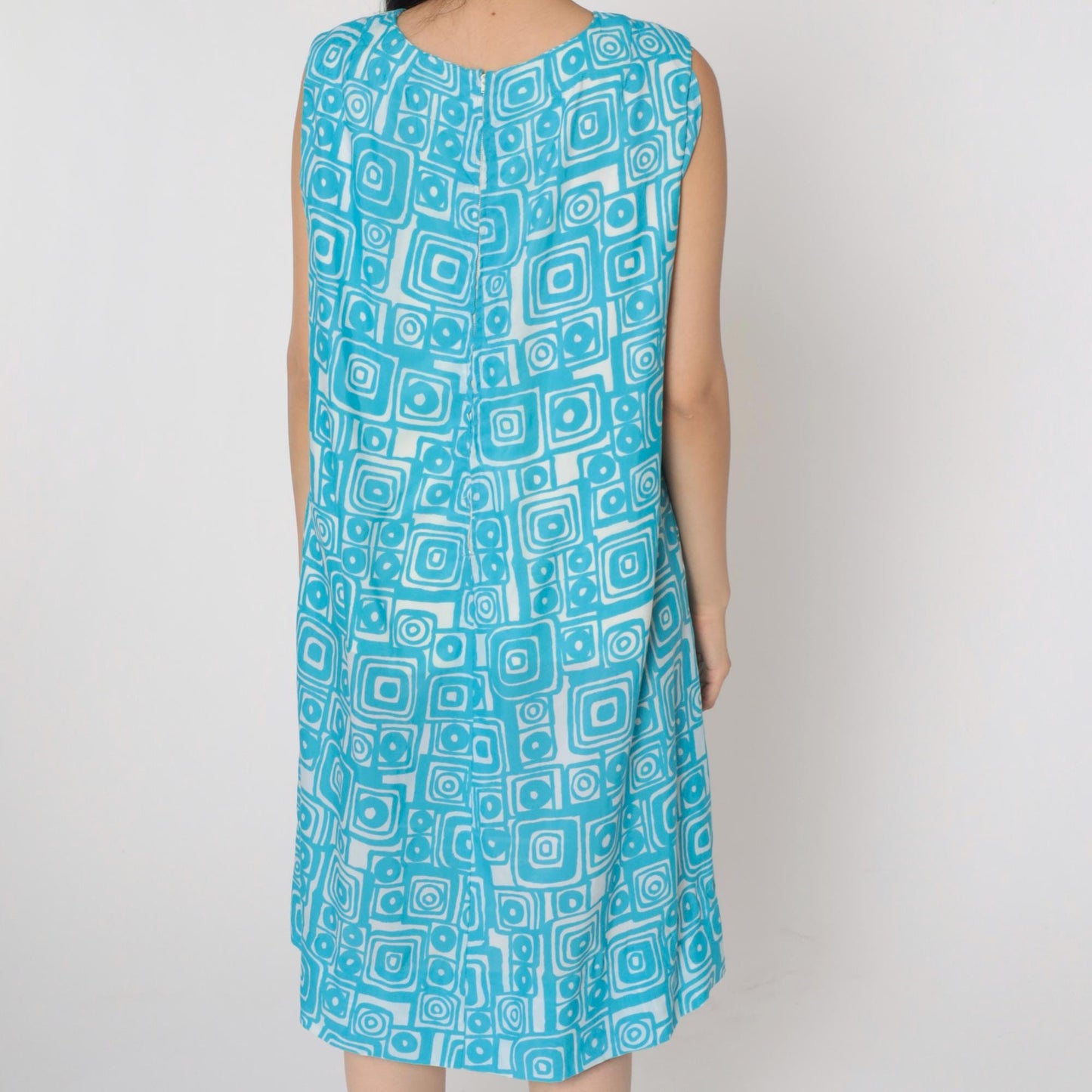 60s Mod Shift Dress Blue Geometric Print Sleeveless Knee-Length Large L