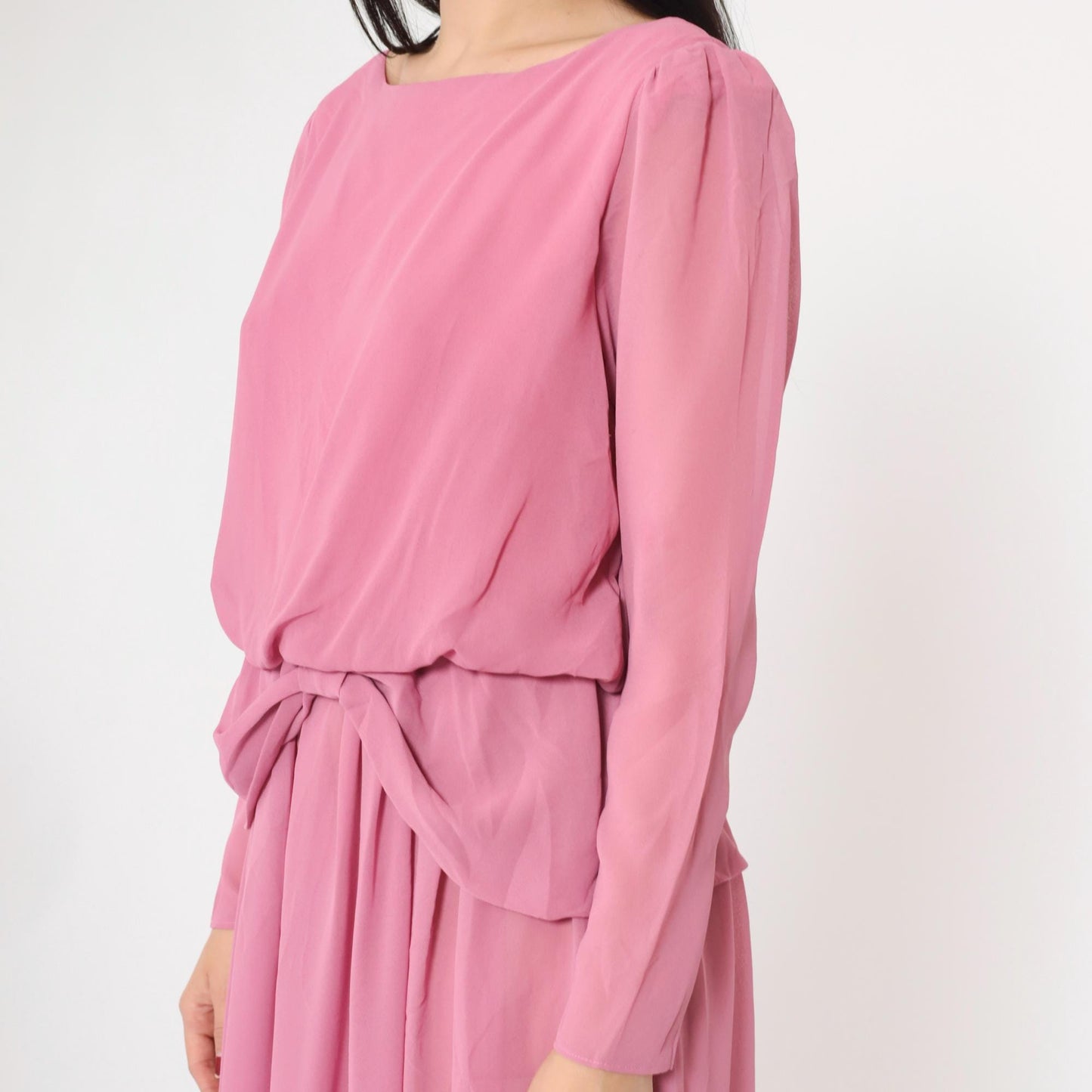 80s Pink Chiffon Midi Dress Puff Sleeve Peplum Waist Long Sleeve Small