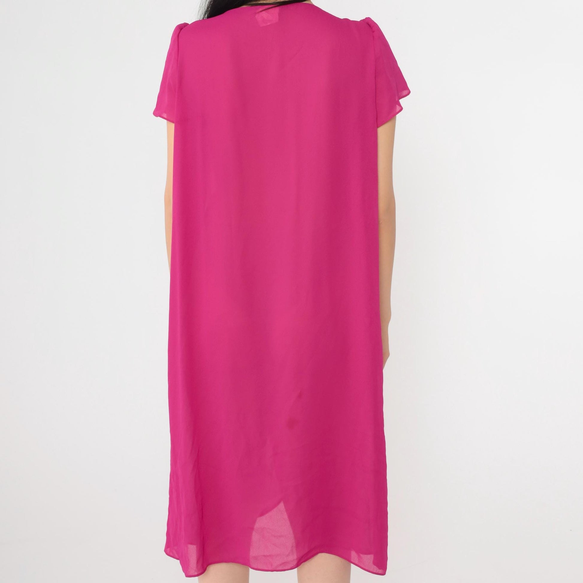 80s Fuchsia Chiffon Shift Dress Puff Sleeve Semi-Sheer Medium