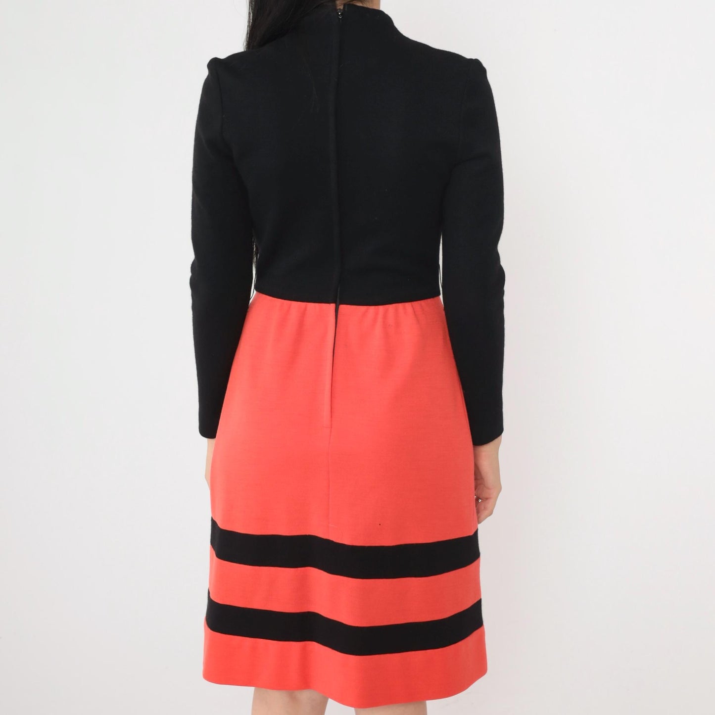 60s Wool Mock Neck Dress Black Orange Striped Knee-Length High Waist Small
