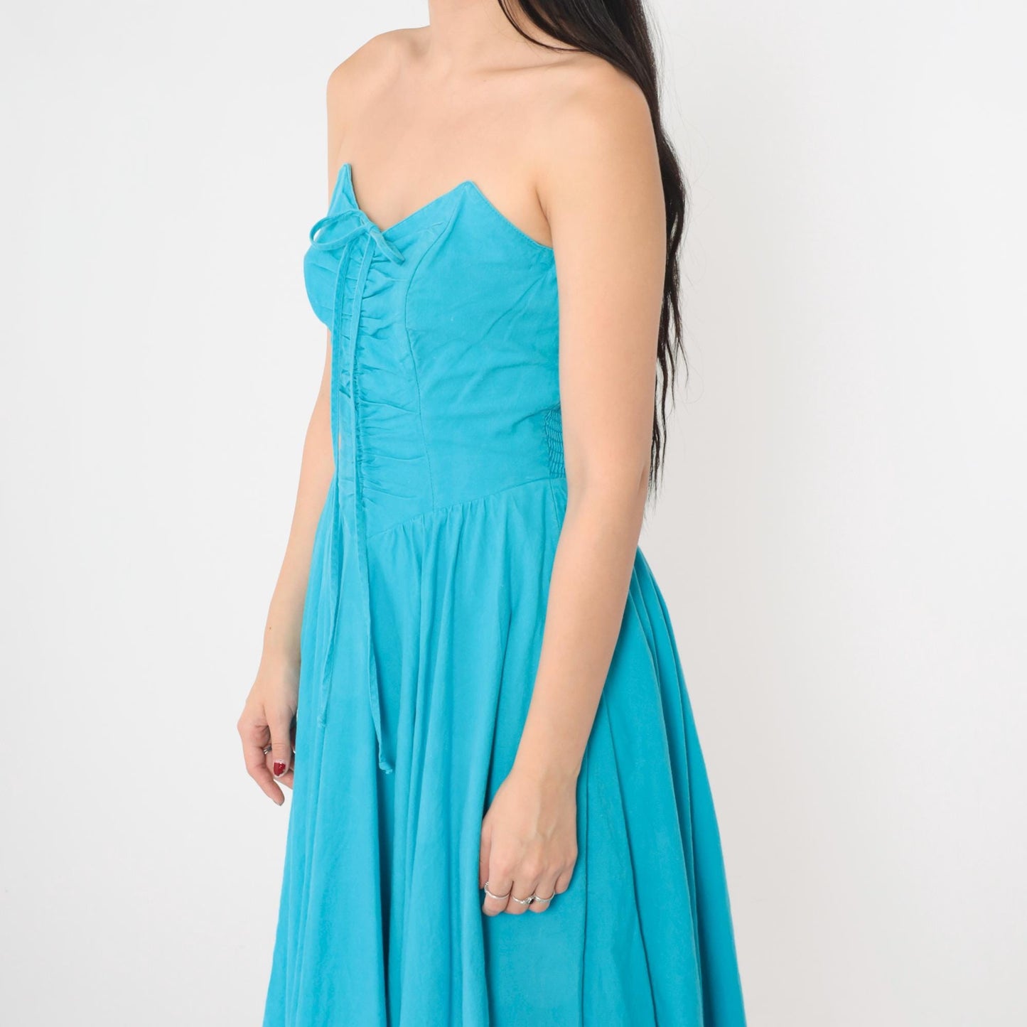 80s Turquoise Strapless Sweetheart Midi Dress Smocked Ruched Cotton Medium