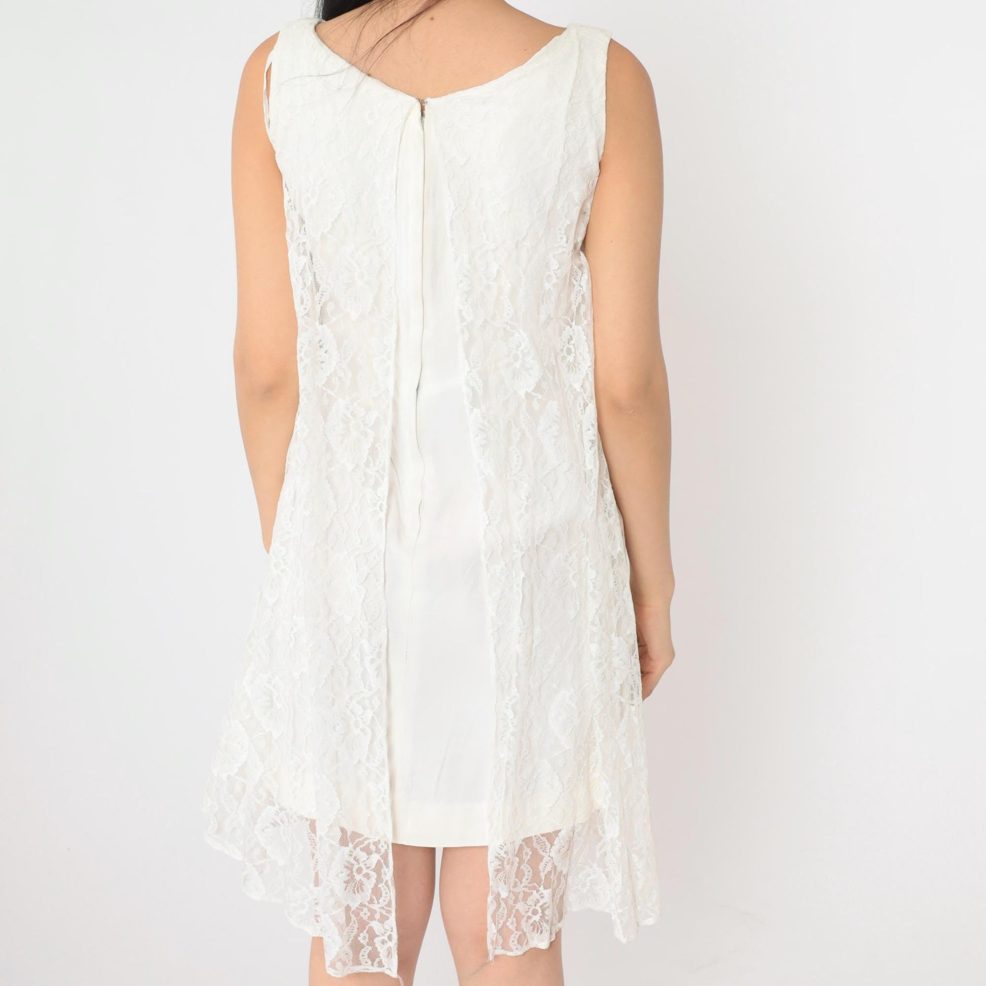60s White Lace Empire Waist Mini Shift Dress Sleeveless Extra Small XS