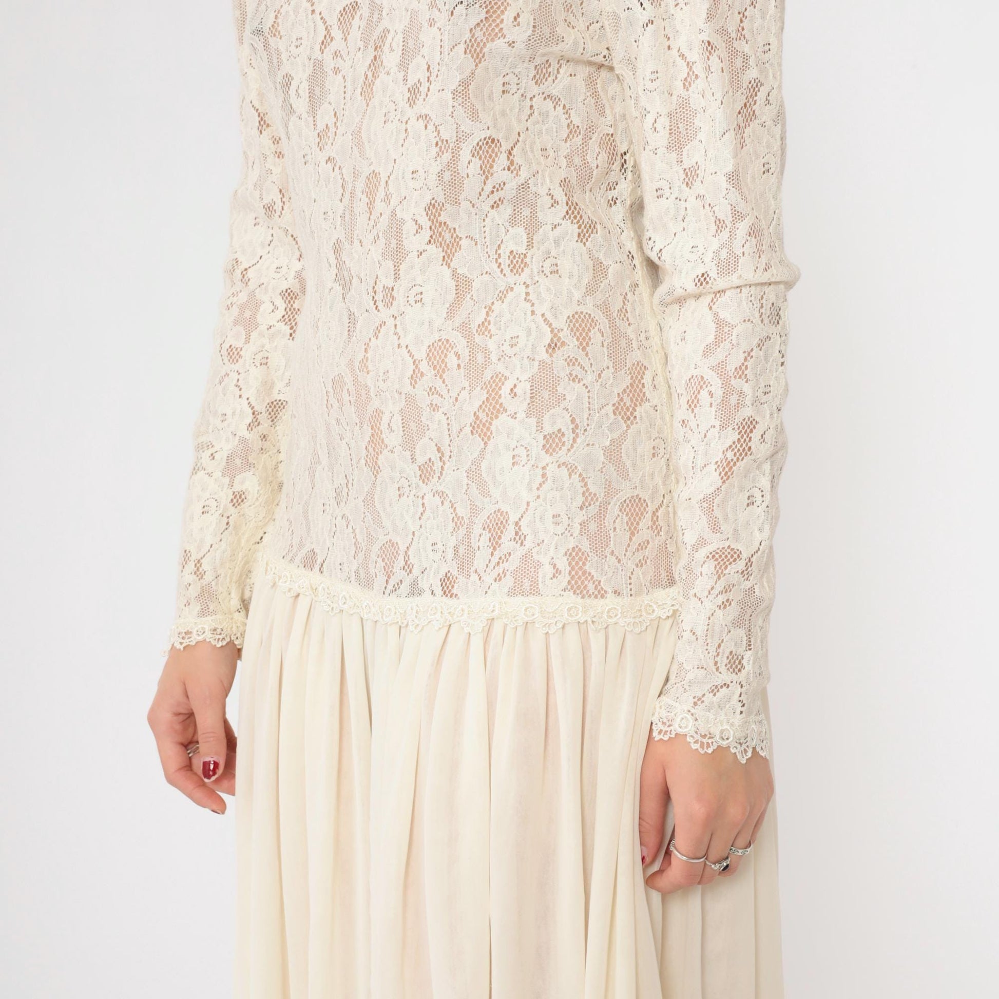 80s Ricki Lang Sheer Lace Maxi Dress Cream Puff Sleeve Drop Waist Medium