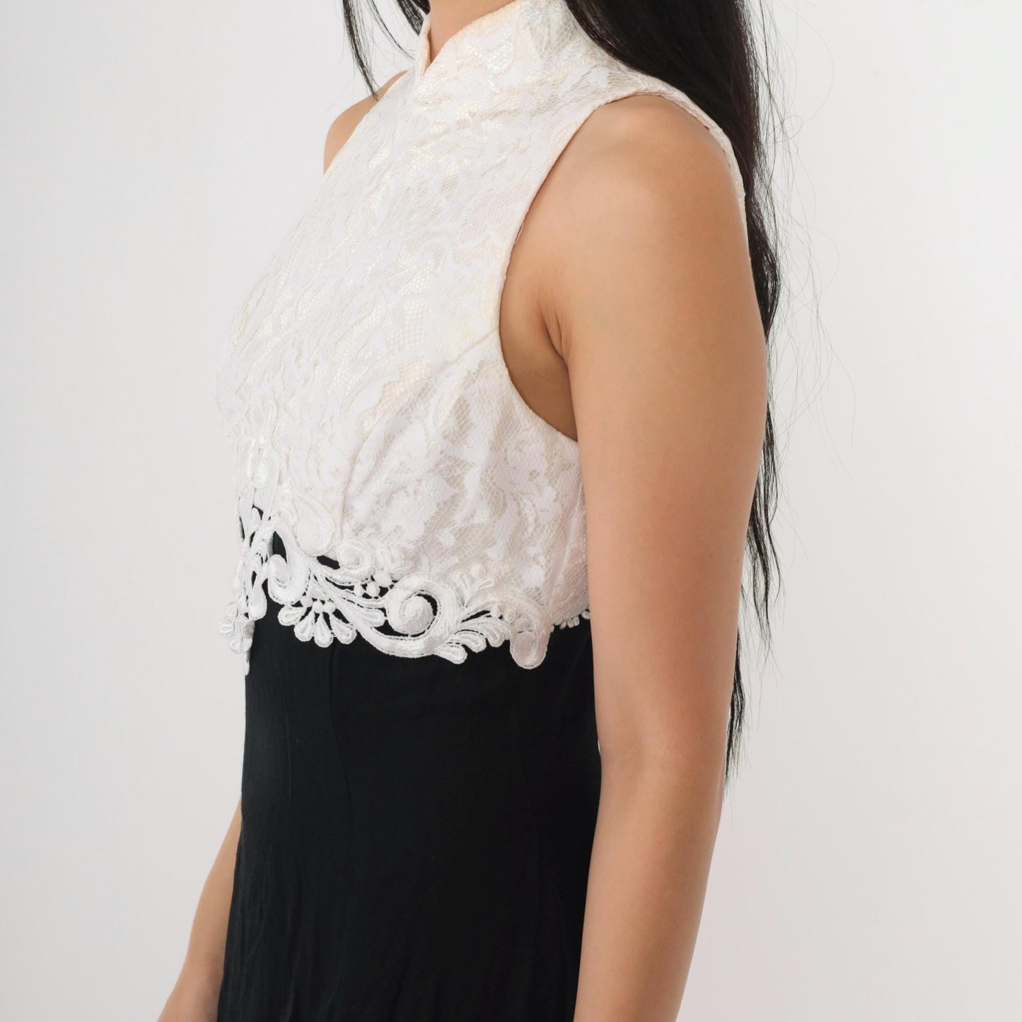 Jessica McClintock 80s Black White Lace Maxi Evening Dress Cutout Small