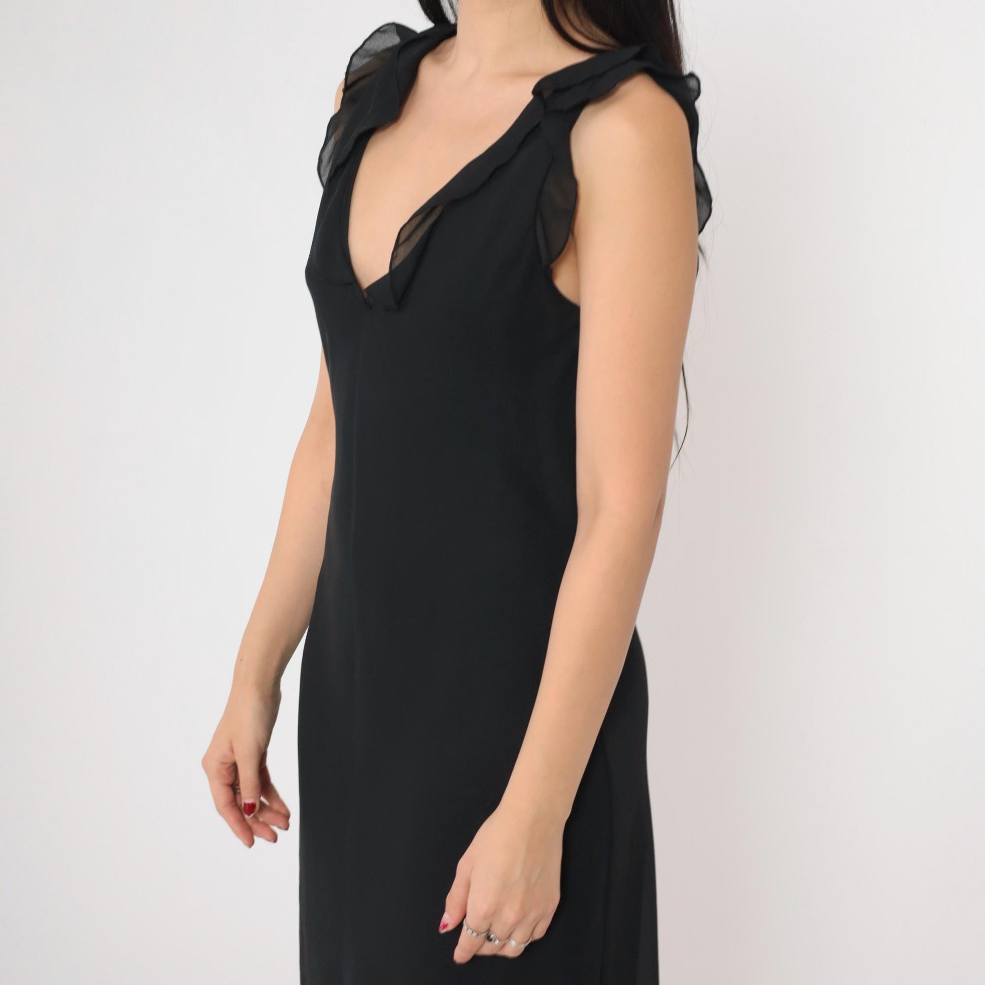 90s Black Chiffon Midi Dress V Neck Ruffled Sleeveless Shift Medium