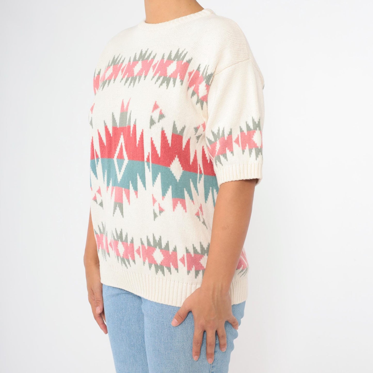 80s United Knitwear Southwestern Geometric Knit Top Off-White Coral Pink Blue Medium