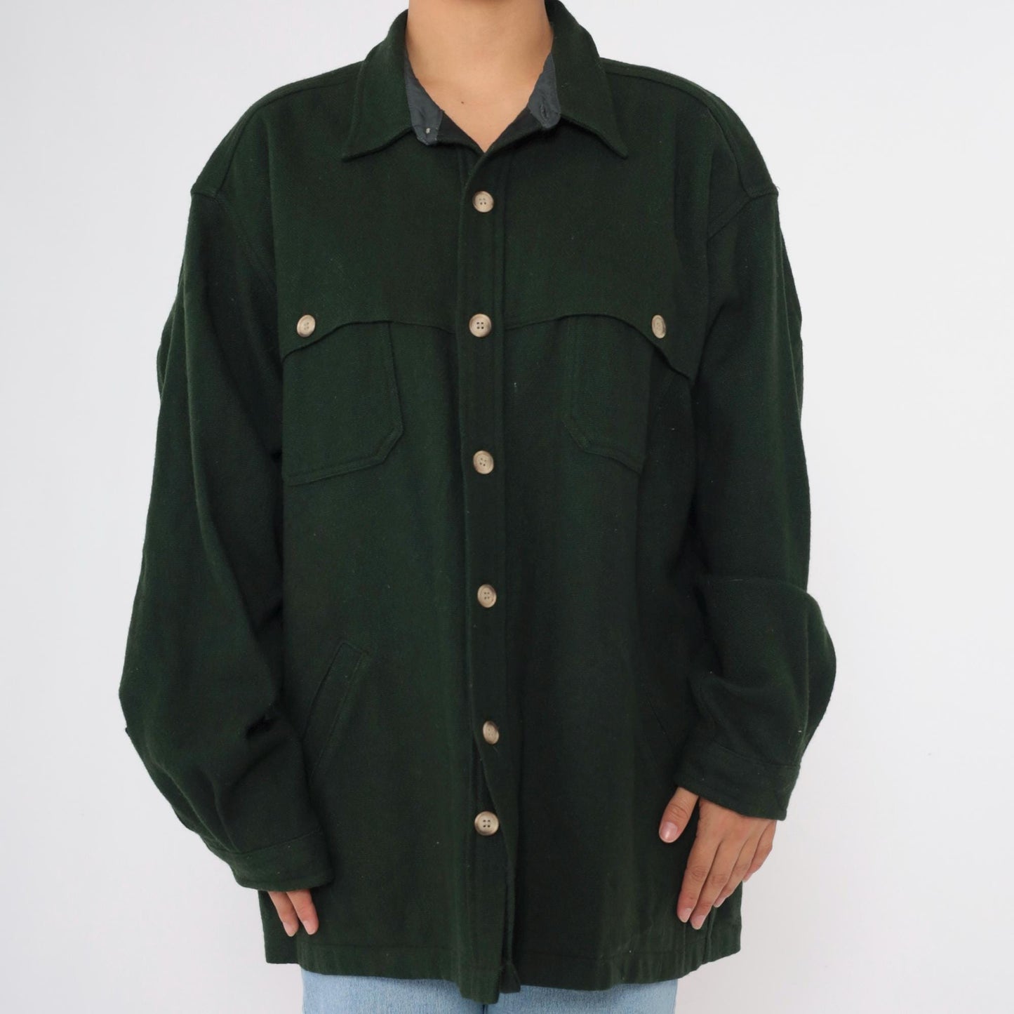 90s Woolrich Wool Shirt Jacket Forest Green Button Up Shacket Men's XXL