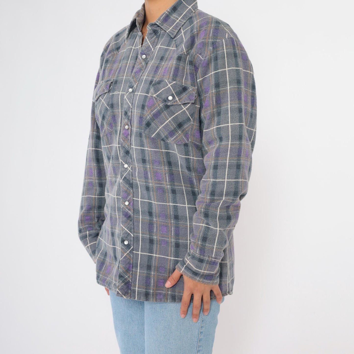 90s Rock Creek Ranch Pearl Snap Flannel Shirt Grey Purple Plaid Medium