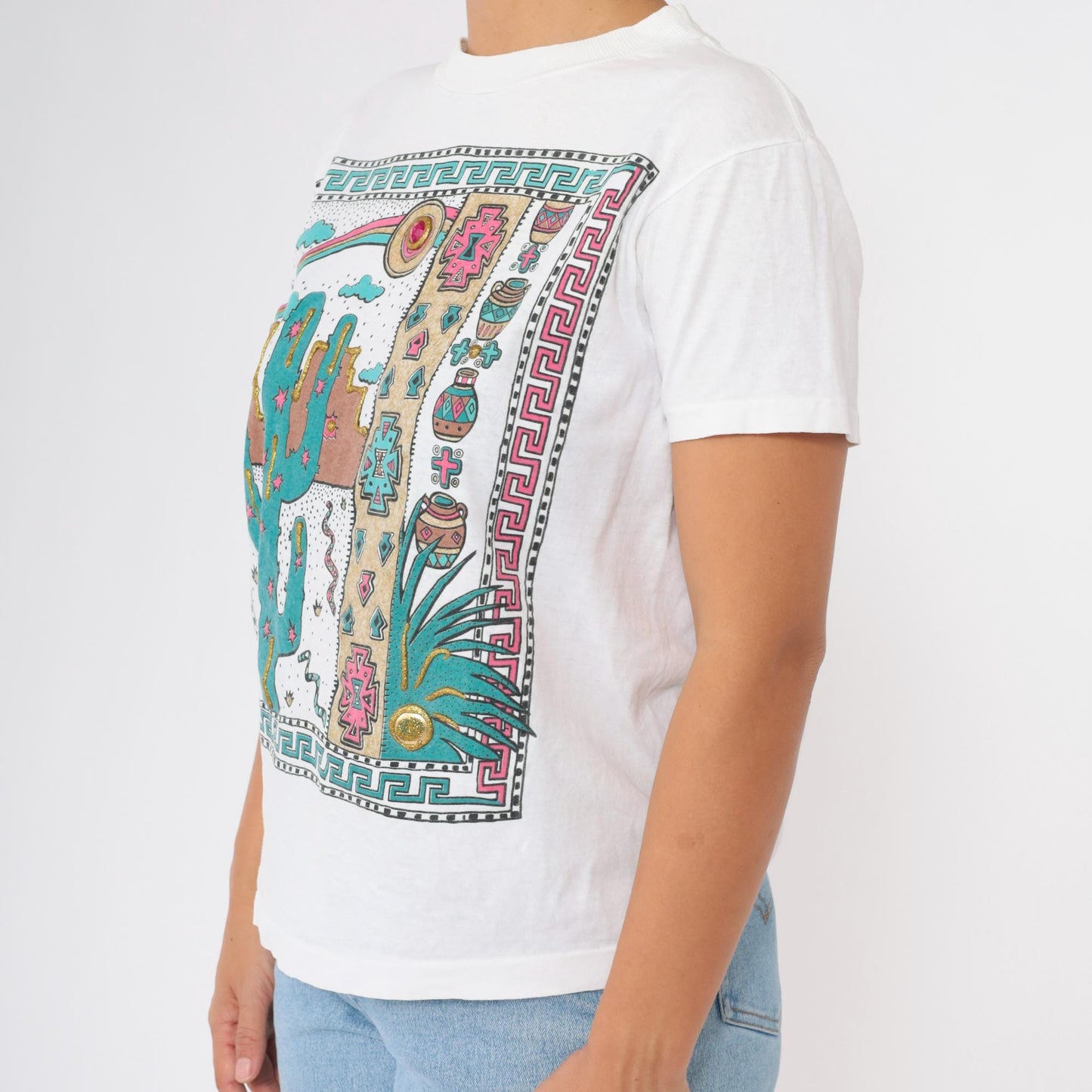 90s Southwestern Cactus Snake Graphic T-Shirt Sparkly Beaded Medium M