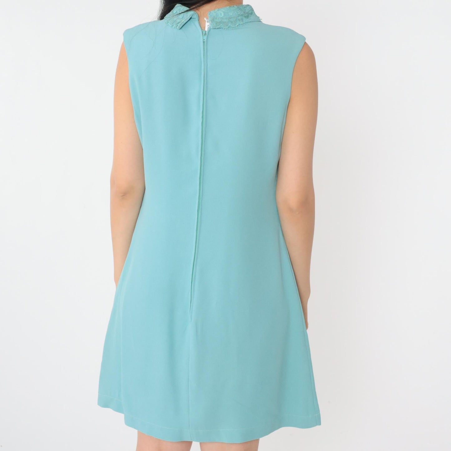 60s Mod Blue Shift Dress Lace Jabot Collar Sleeveless Mini Small Medium