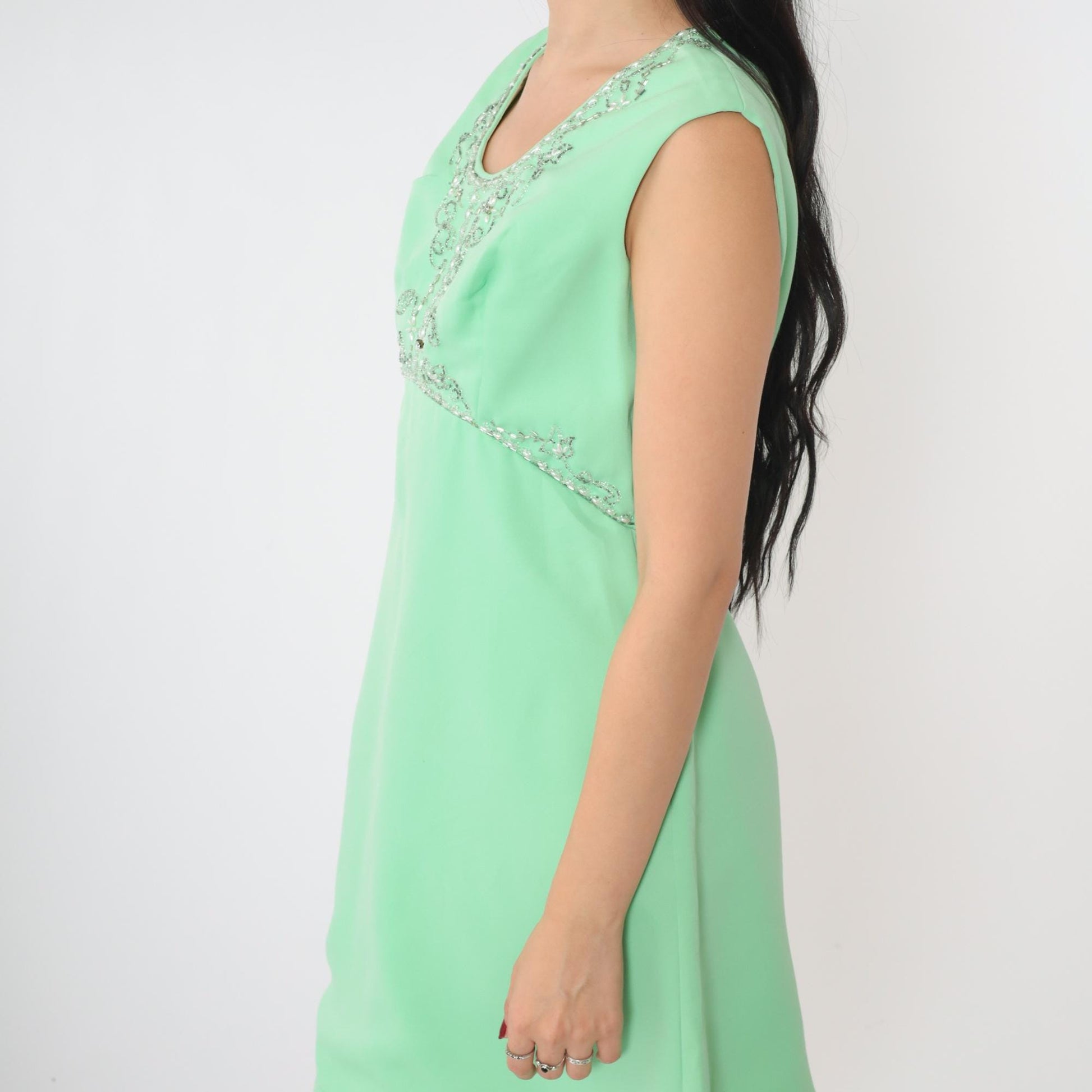 60s Mint Green Beaded Empire Waist Mini Dress Rhinestone Scoop Neck Medium
