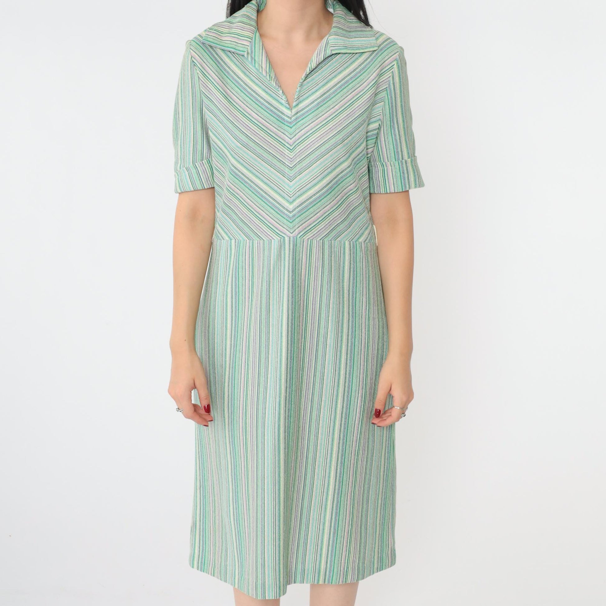 70s Chevron Striped Shift Dress Green Blue Purple Midi Collar Medium