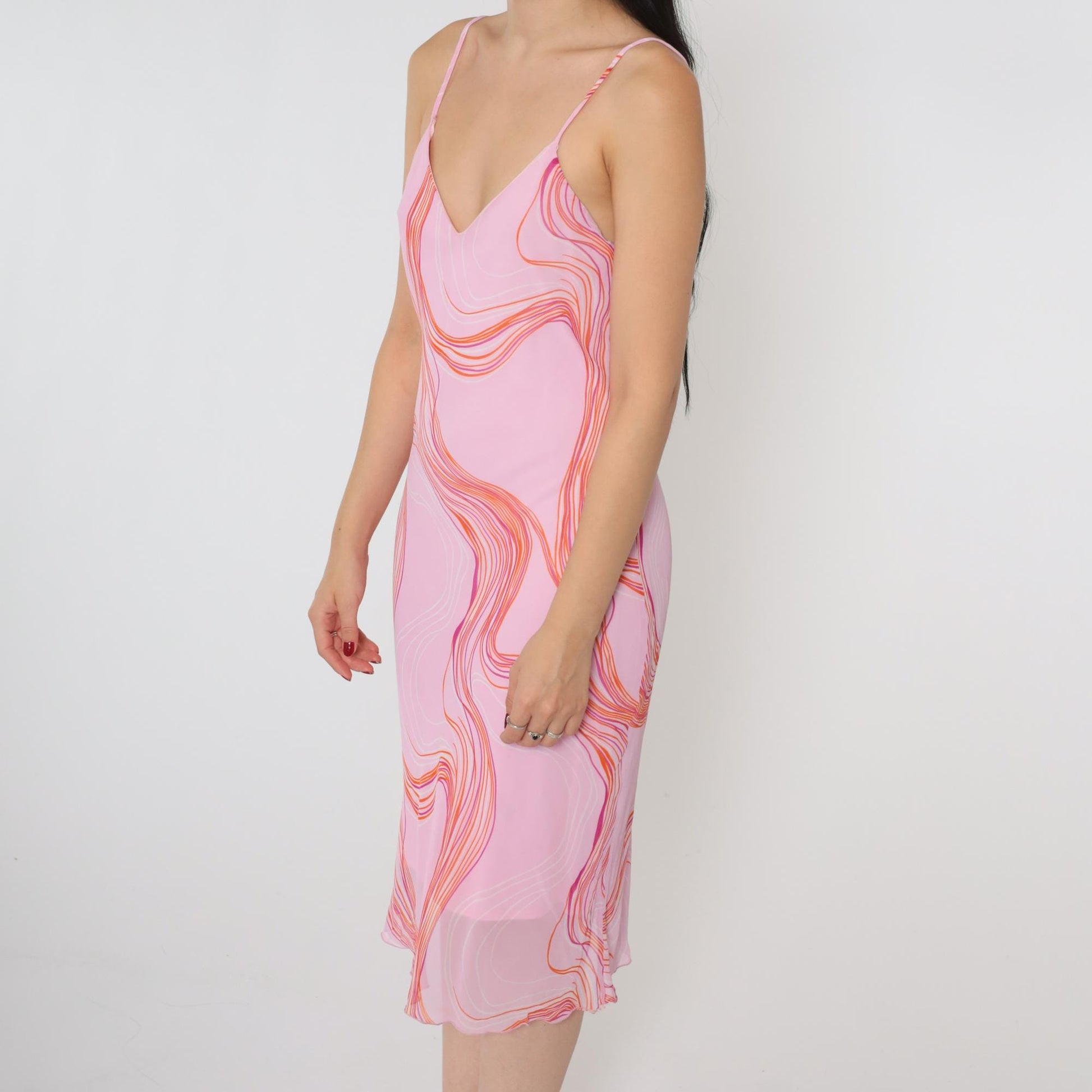Y2K Pink Chiffon Slip Dress Abstract Swirl Print V-Neck Midi Medium 8