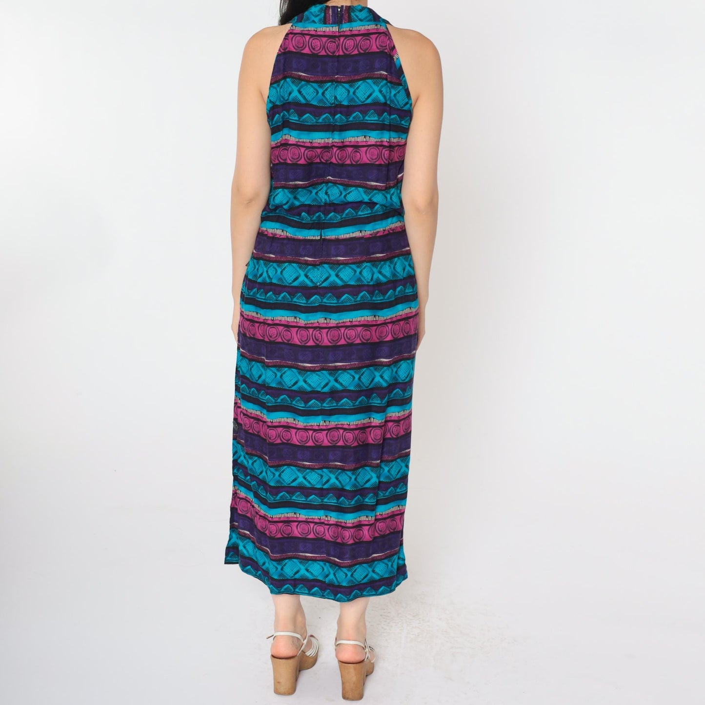 90s Geometric Midi Dress Racerback Sleeveless Blue Purple Pink Medium