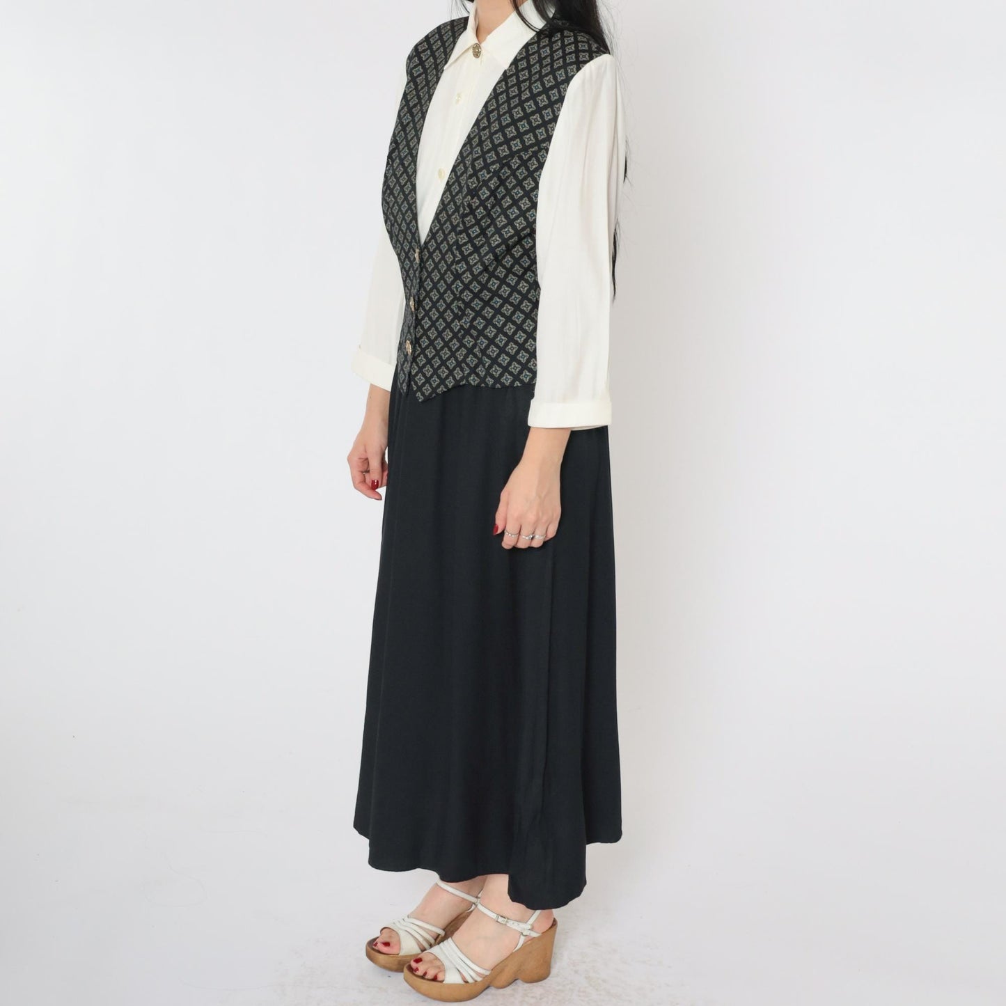 90s S.L. Fashions Maxi Dress Attached Geometric Vest White Black Button Front Small