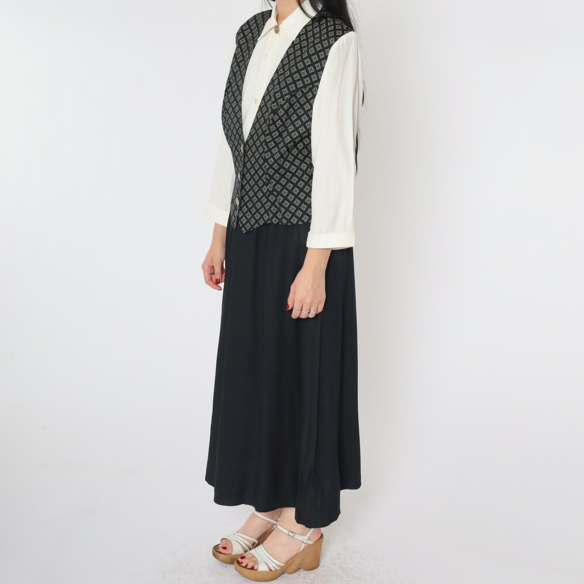 90s S.L. Fashions Maxi Dress Attached Geometric Vest White Black Button Front Small