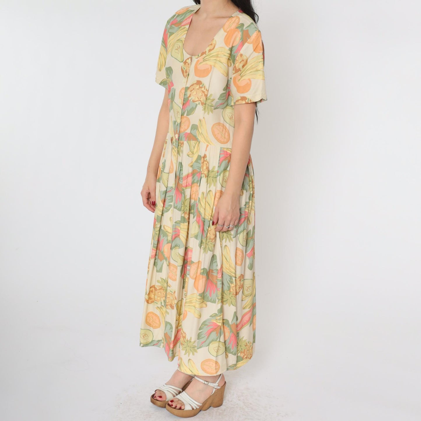 90s Tropical Fruit Print Button-Up Shirtdress Midi Cream Rayon Medium