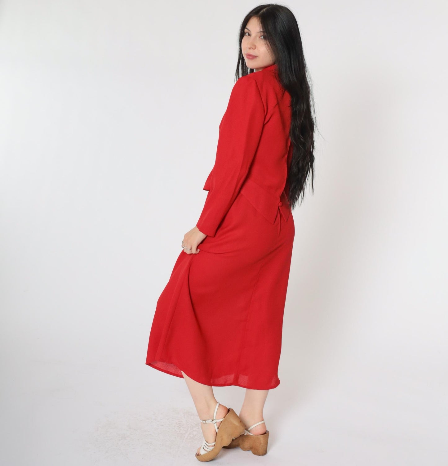 90s Karin Stevens Red Soutache Beaded Two-Piece Dress Set Ankle Length Small Petite