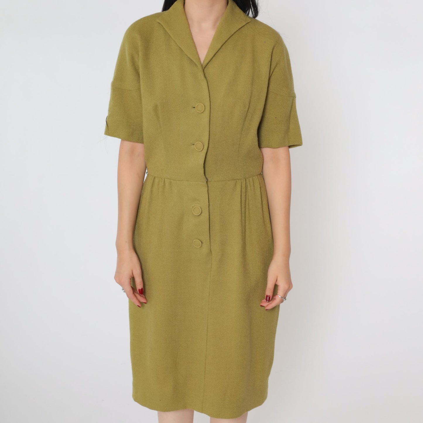 60s Olive Green Wool Pencil Dress Button Front High Waist Short Sleeve Midi Medium 8