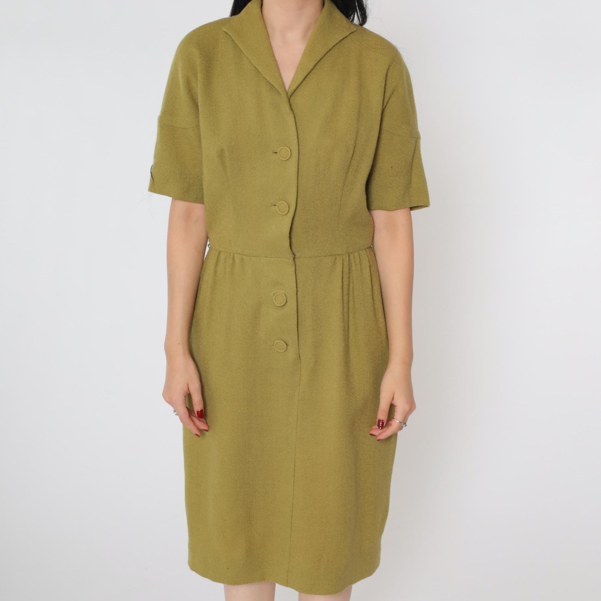60s Olive Green Wool Pencil Dress Button Front High Waist Short Sleeve Midi Medium 8