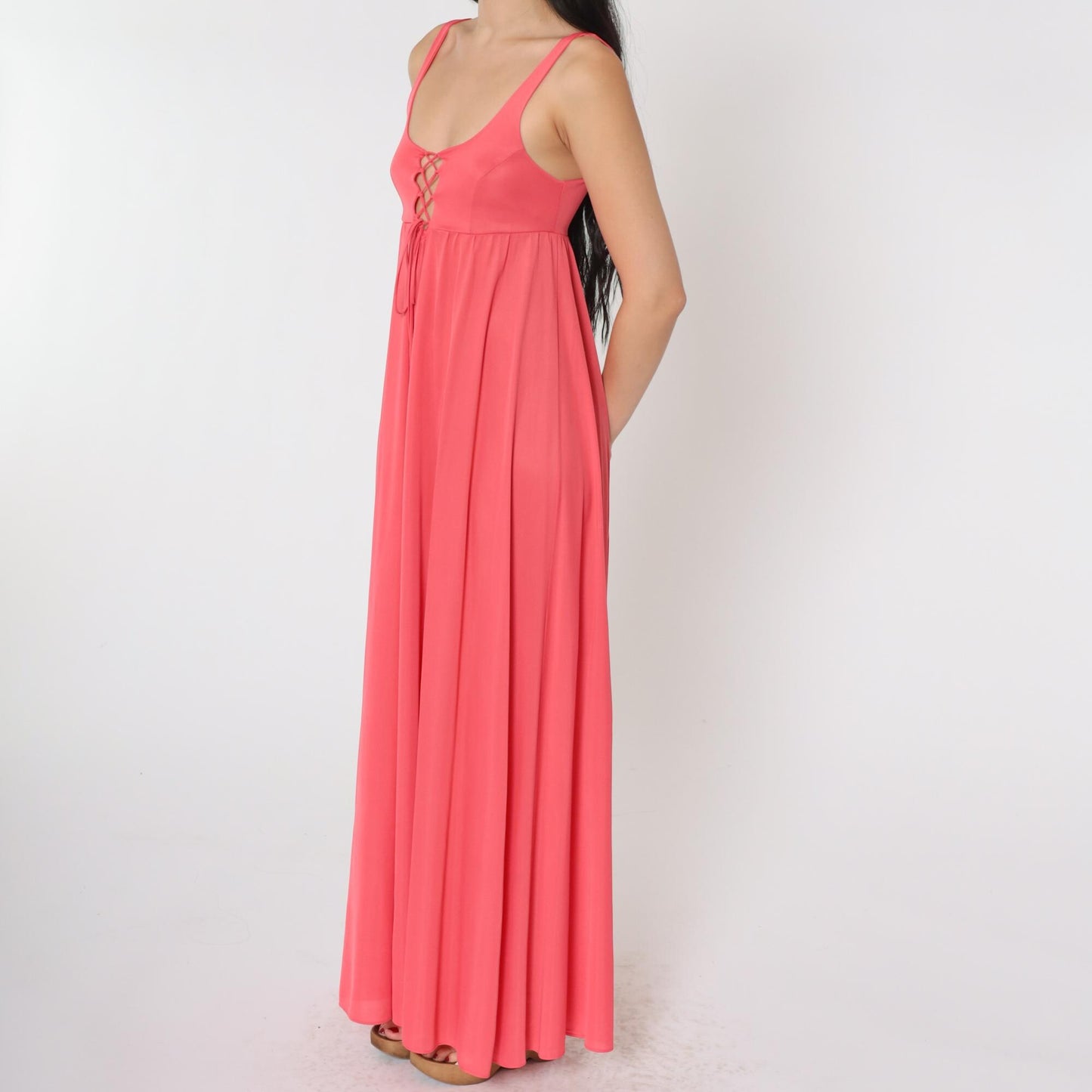 70s Coral Pink Lace-Up Slip Dress Maxi Empire Waist Scoop Neck Extra Small