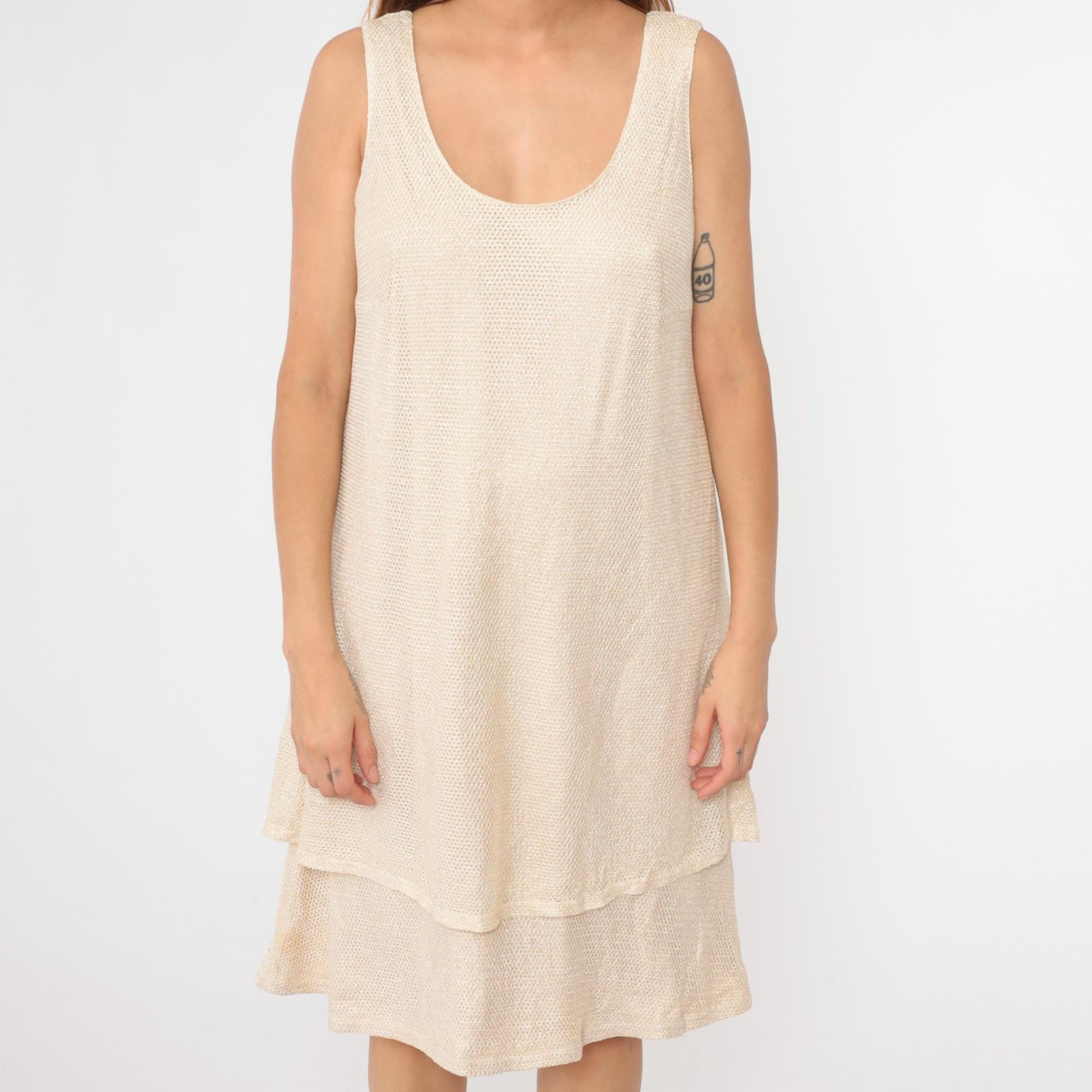 90s Onyx Nite Metallic Mesh Midi Dress Beige Sleeveless Tiered Large L