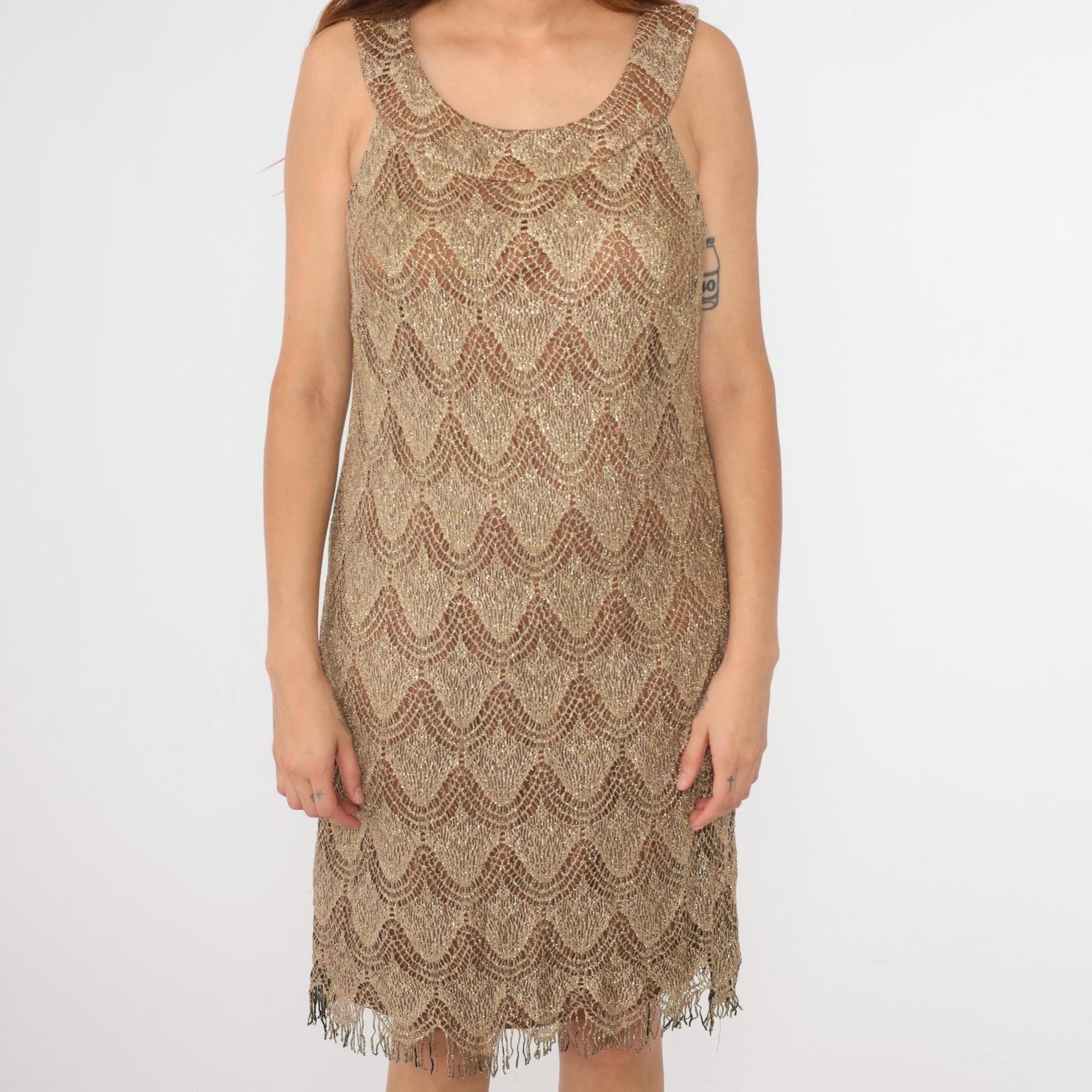 90s S.L. Fashions Metallic Lace Mini Dress Gold Fringe Sleeveless Shift Extra Large XXL
