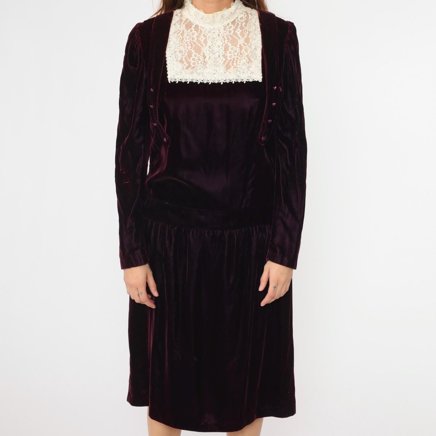 80s Jessica McClintock Purple Velvet Midi Dress Cream Lace High Neck Medium
