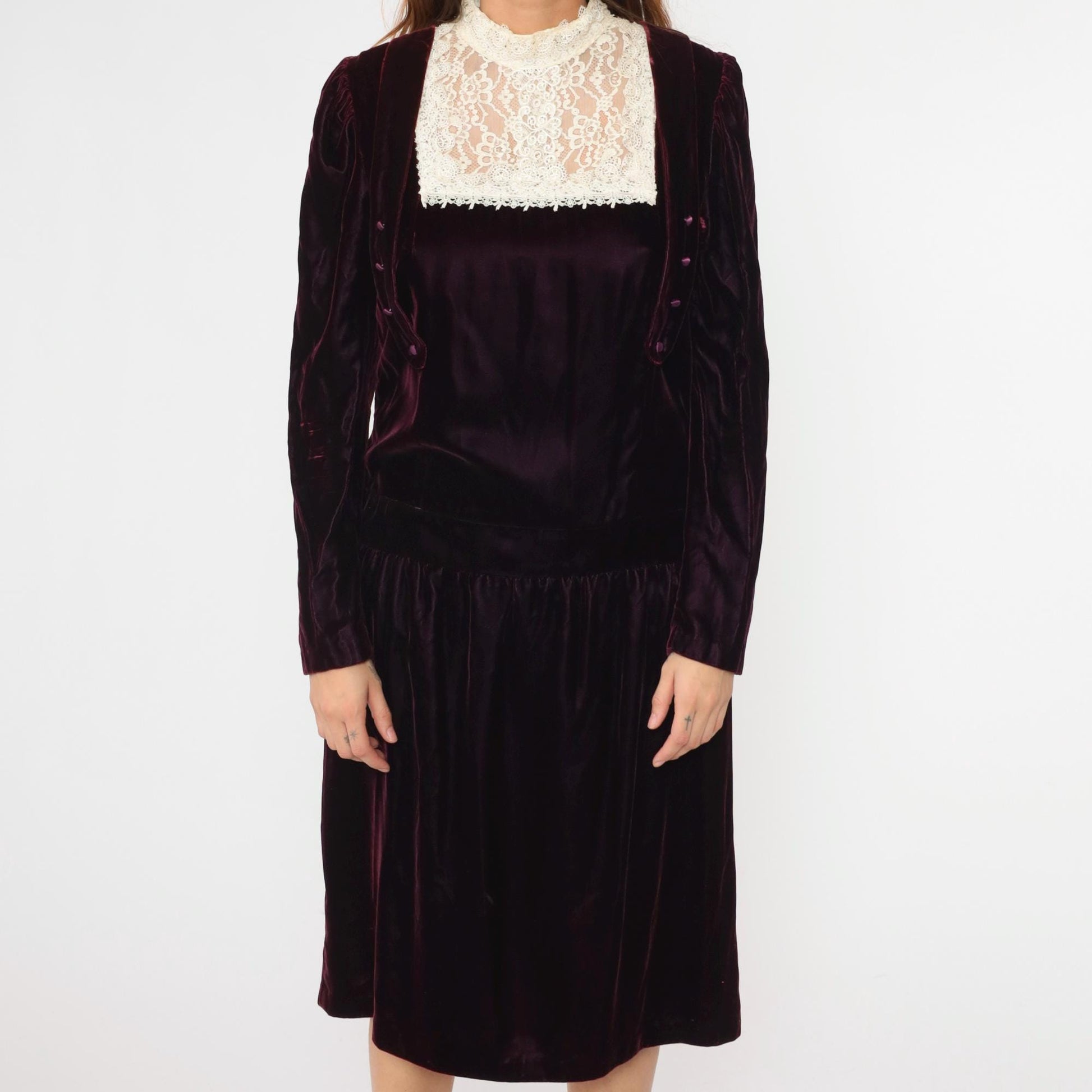80s Jessica McClintock Purple Velvet Midi Dress Cream Lace High Neck Medium