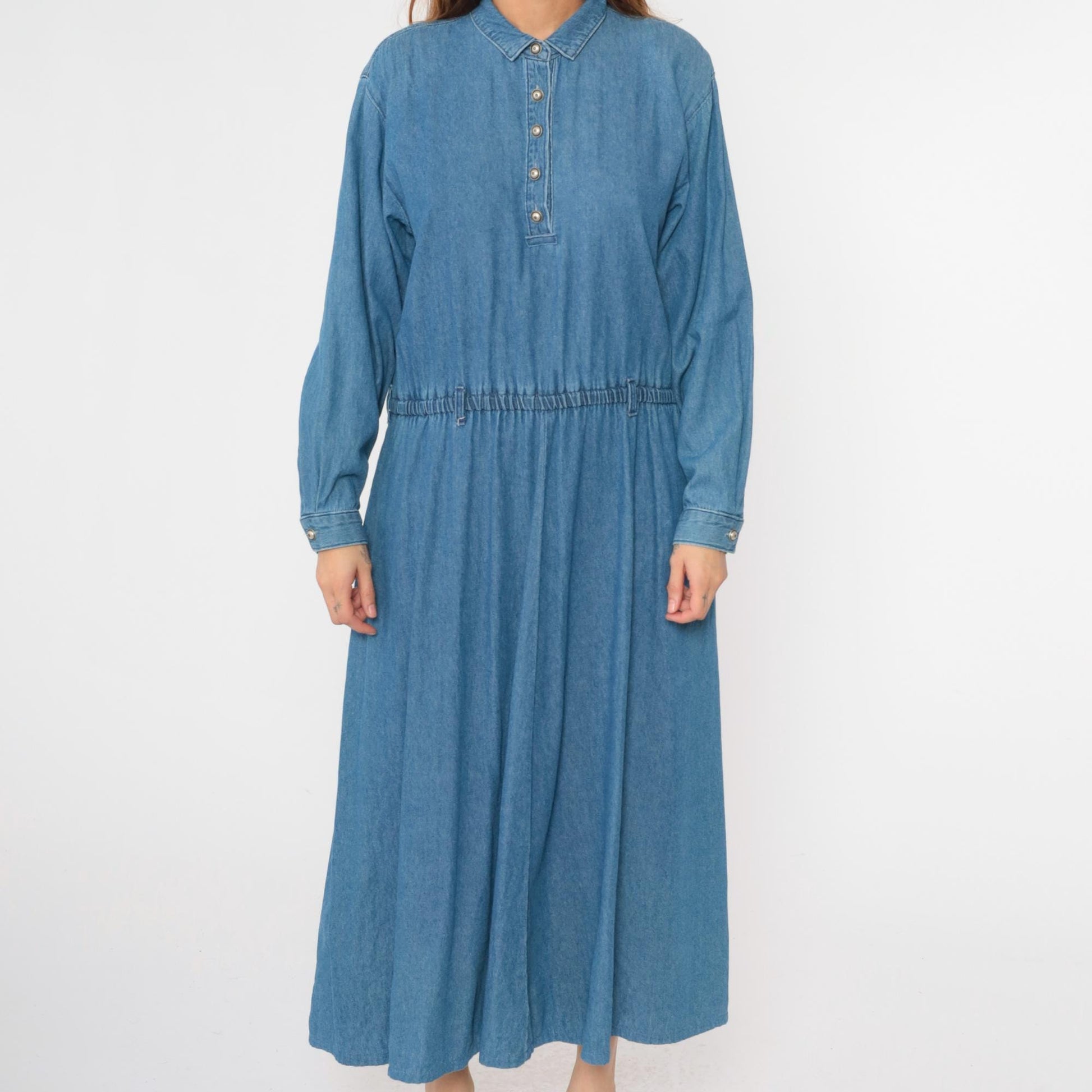 90s Coldwater Creek Denim Shirtdress Blue Jean Midi High Waist Large