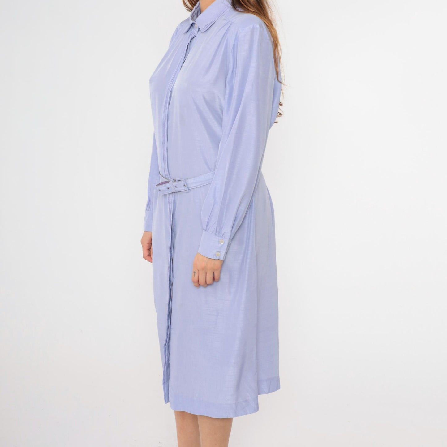 80s Lavender Shirt Dress Pleated Front Belted Midi Button Up Long Sleeve Extra Large XXL