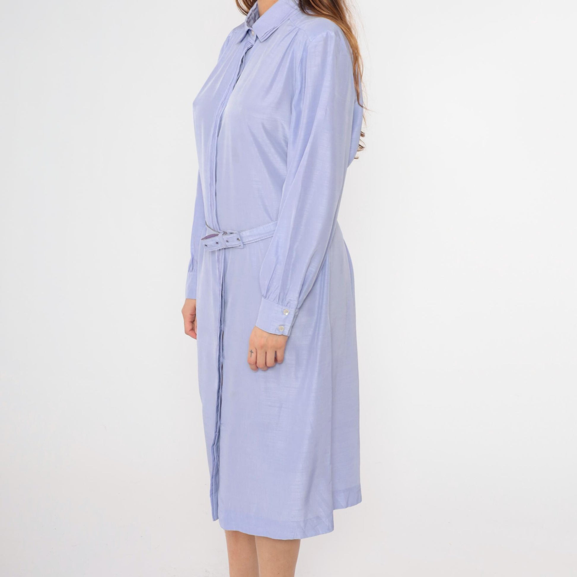 80s Lavender Shirt Dress Pleated Front Belted Midi Button Up Long Sleeve Extra Large XXL