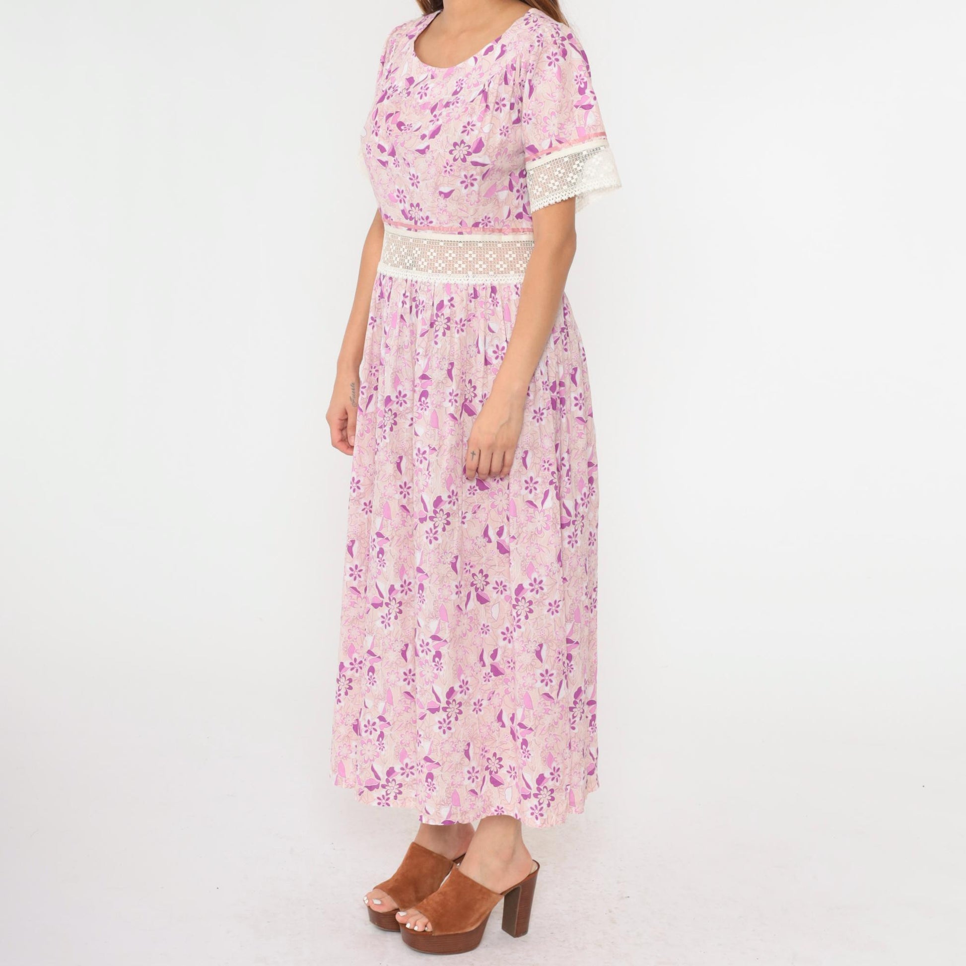 Y2K Floral Maxi Dress Purple Pink Lace Trim Short Sleeve Large