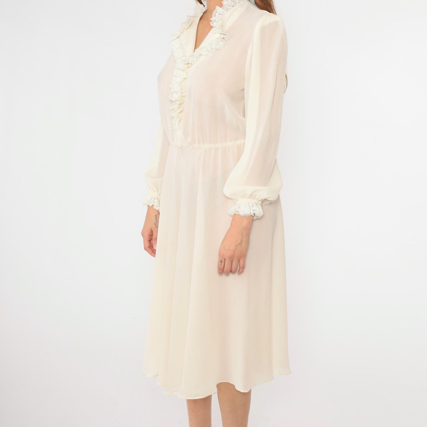 70s White Sheer Midi Dress Pearl Buttons Puff Sleeves High Waist Medium Large