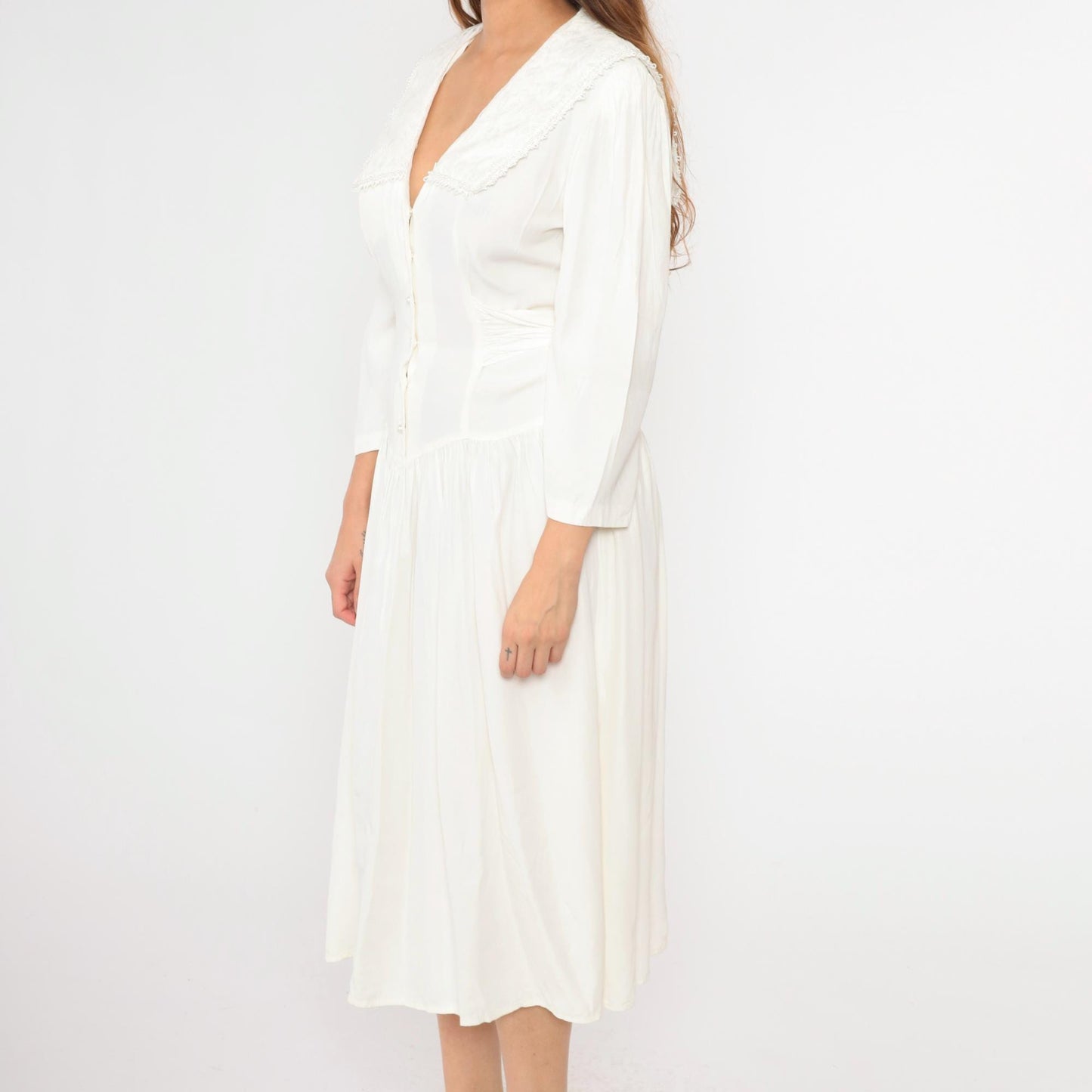 80s Jody California White Midi Dress Sailor Collar Button-Up Puff Sleeve Medium