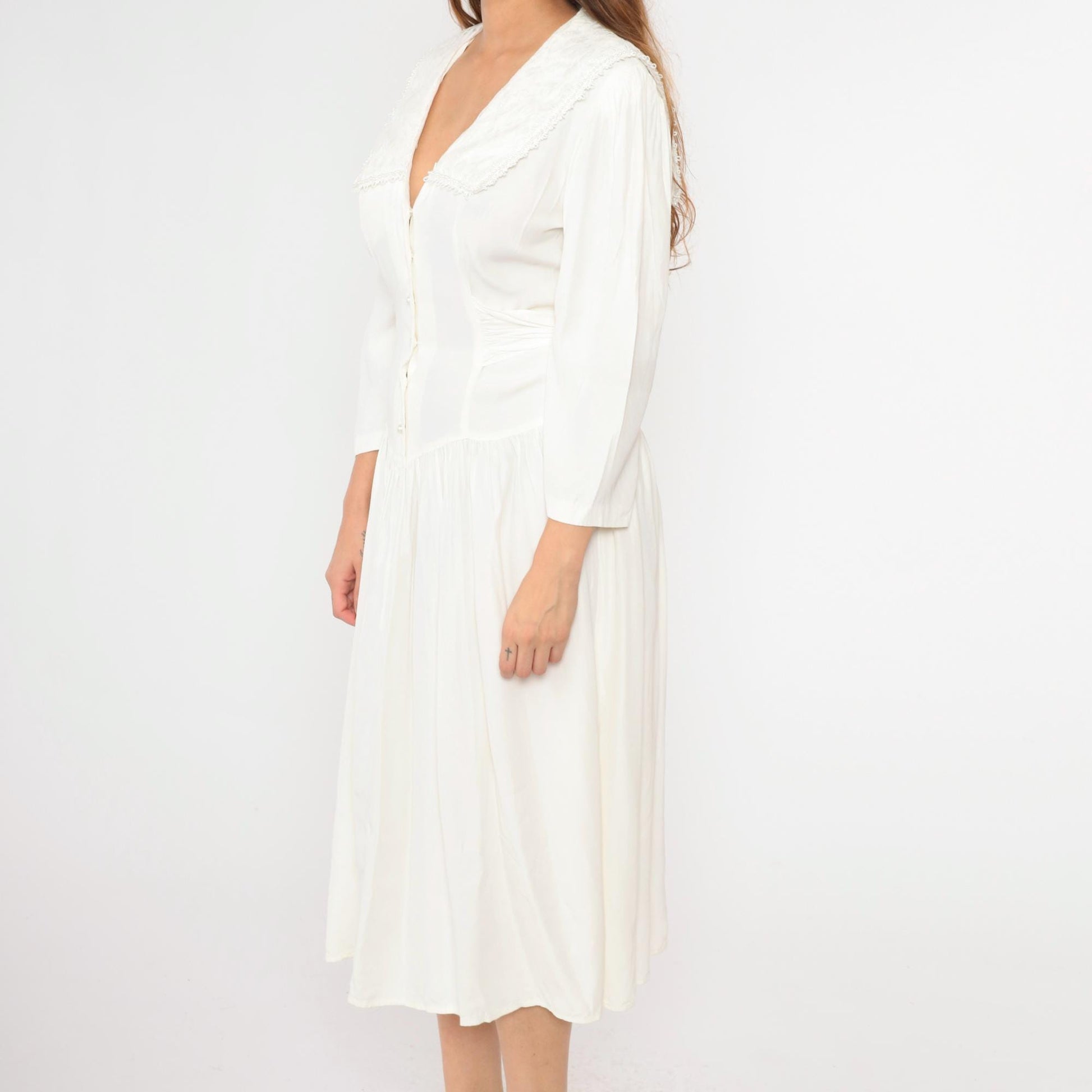 80s Jody California White Midi Dress Sailor Collar Button-Up Puff Sleeve Medium