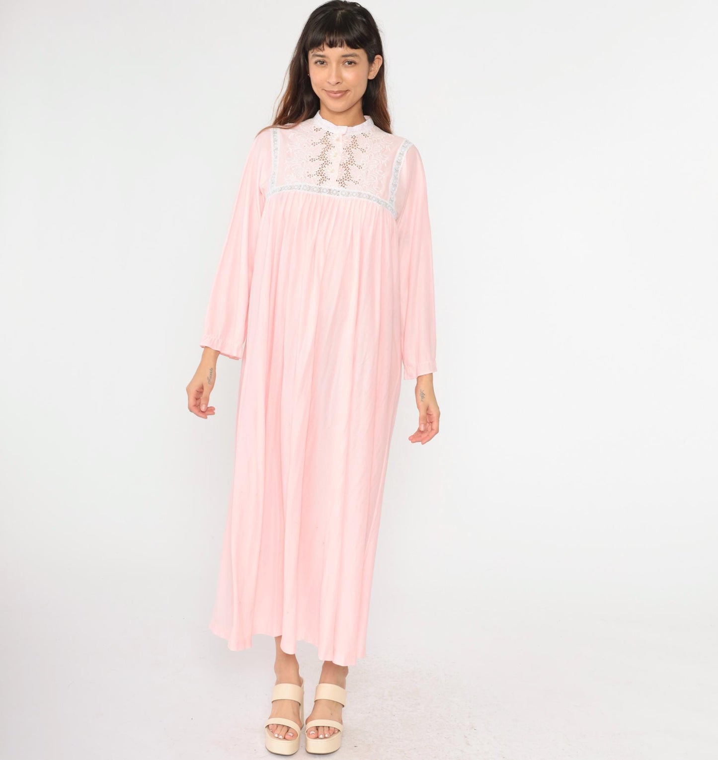 80s Baby Pink Floral Embroidered Lace Cutwork Maxi Nightgown Long Sleeve Large L