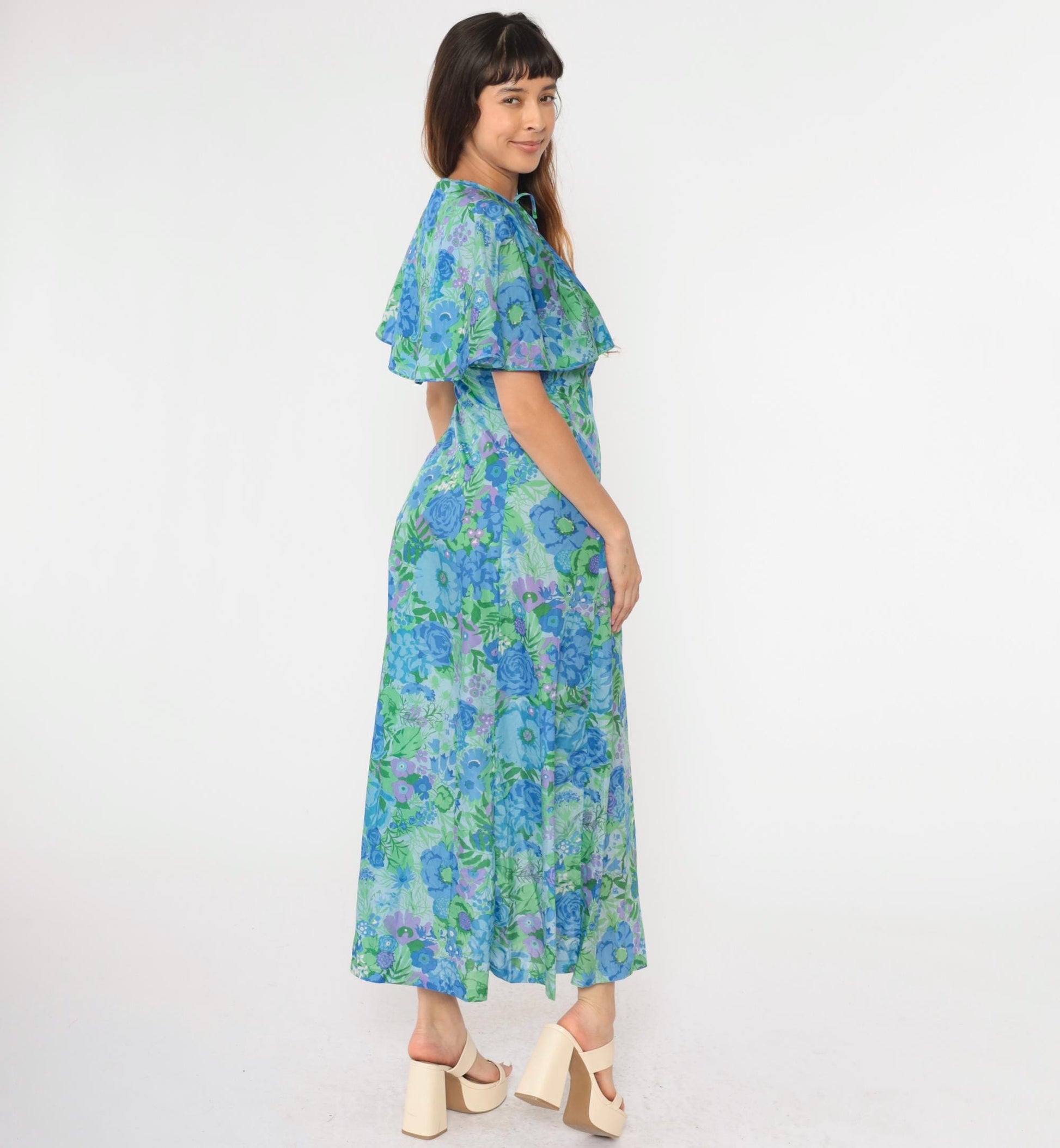 70s Lord & Taylor Floral Maxi Dress Blue Green Capelet Button Front Small