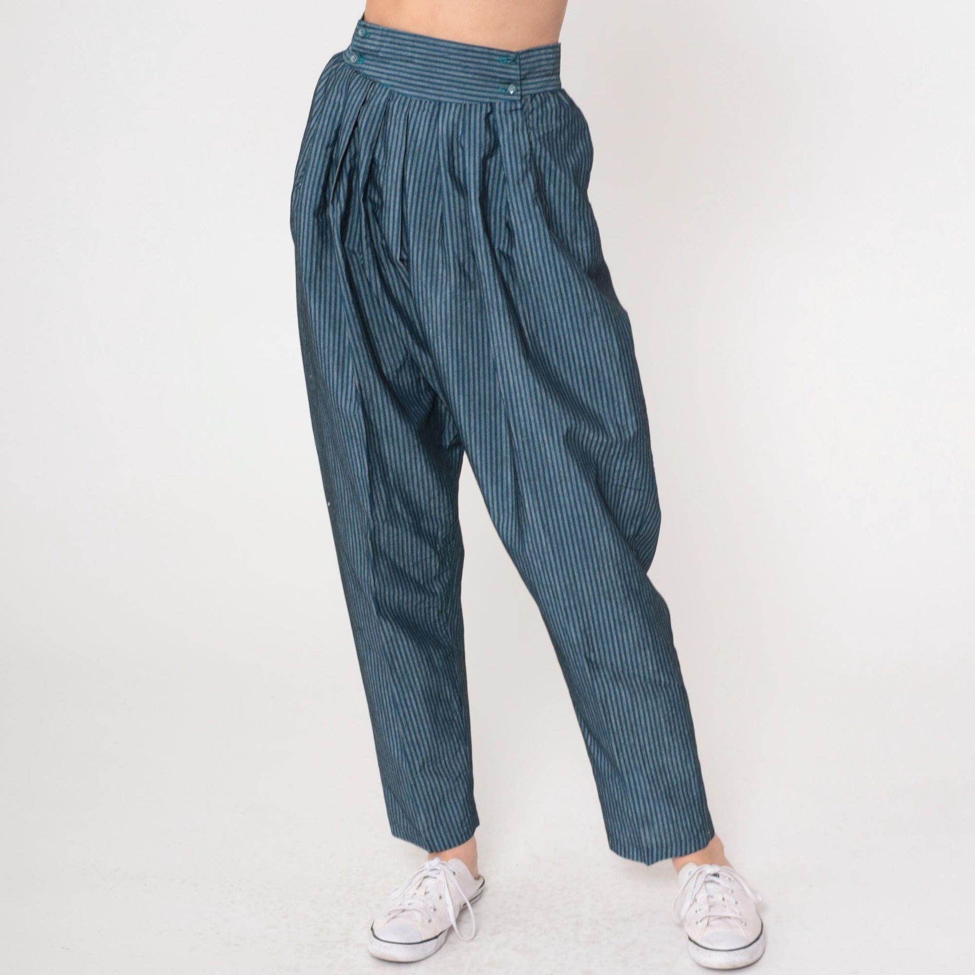 80s Parachute Pants Blue Grey Pinstripe High Waist Pleated Tapered Small