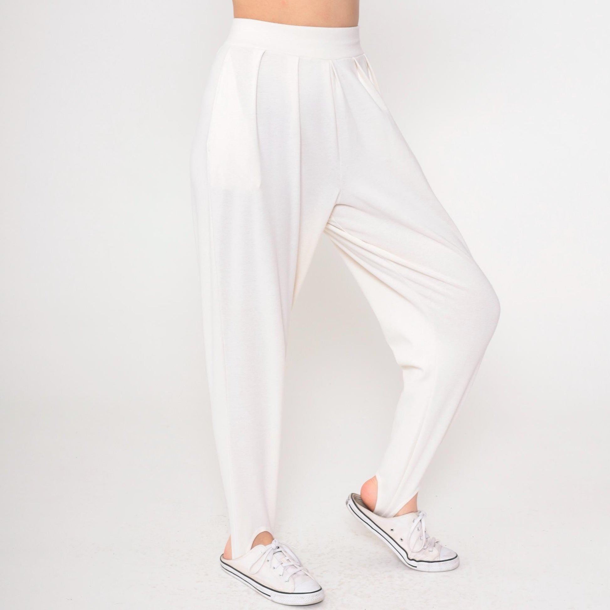 90s White Stirrup Pants High Waisted Pleated Tapered Leg Small