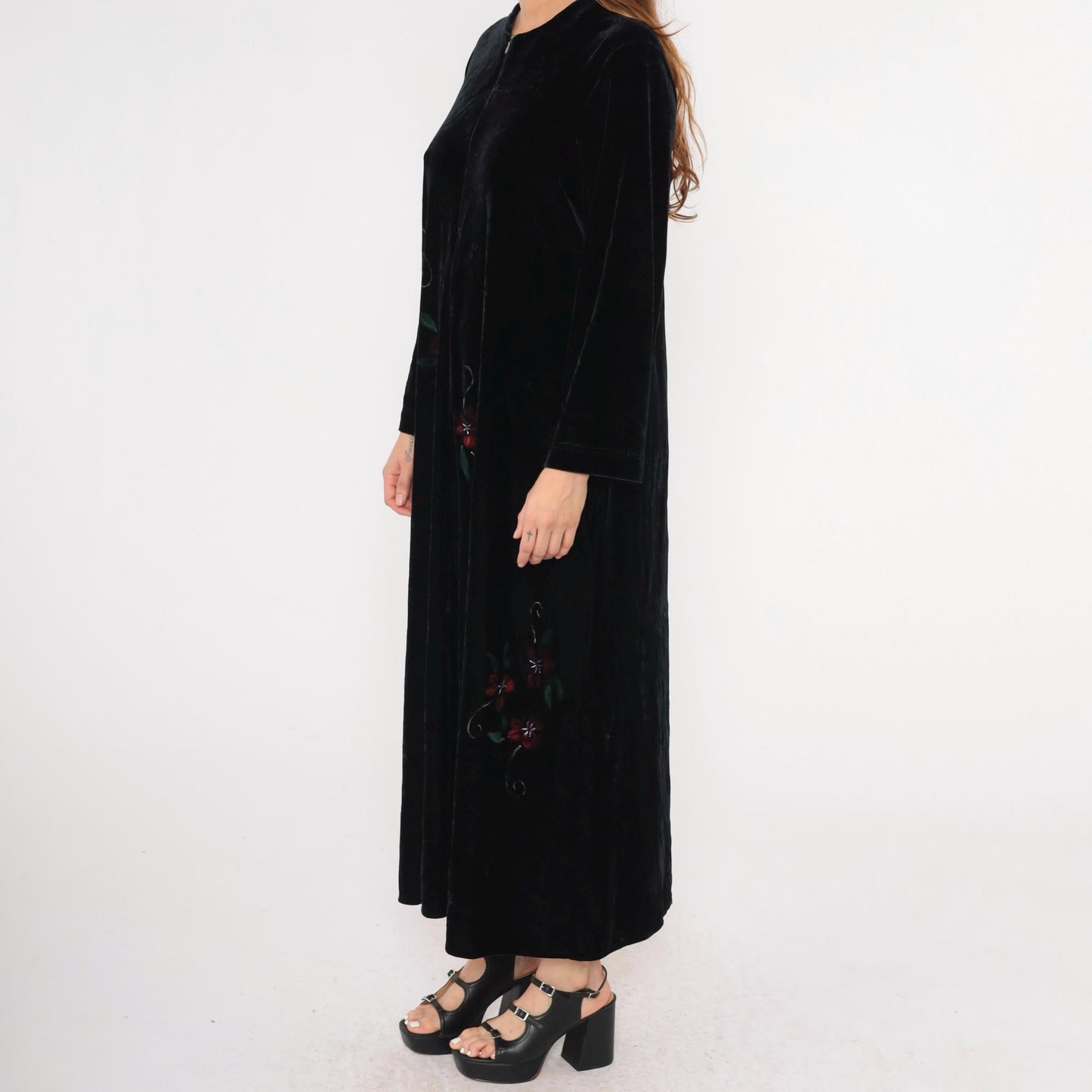 80s Exquisite by Judith Lebkoff Velour Maxi Lounge Dress Black Floral Hand Painted Large