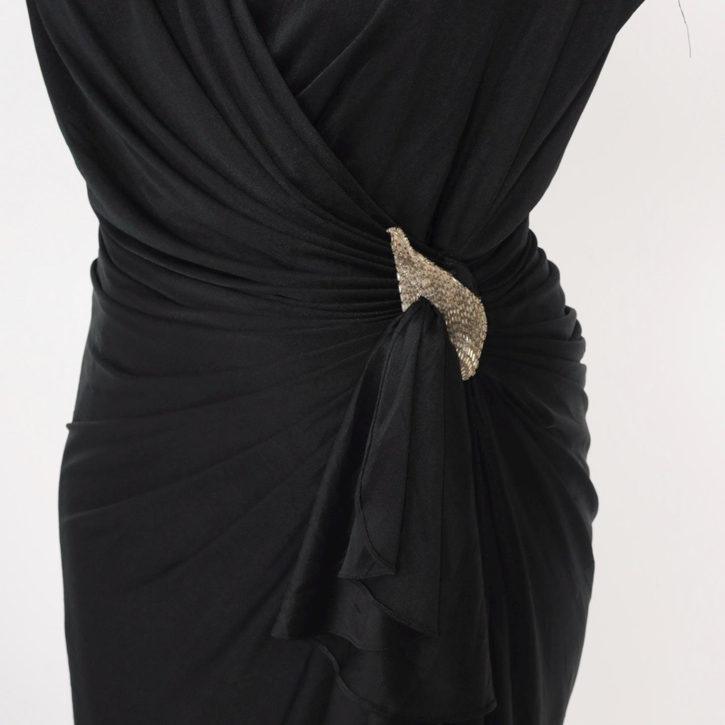 80s Black Faux Wrap Midi Dress Beaded Waist V Neck Long Sleeve Medium